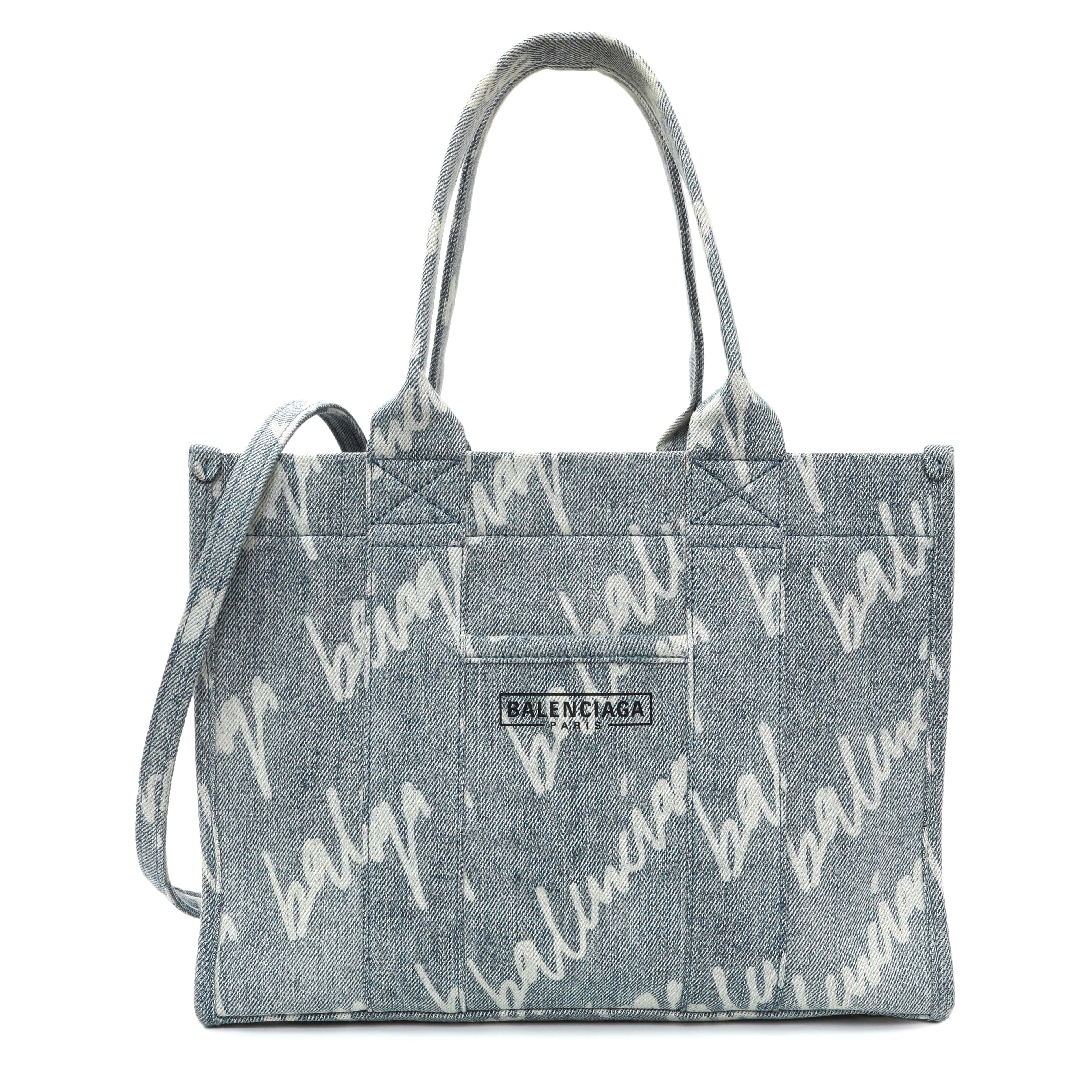 Balenciaga Small Hardware Scribble Printed Denim Tote Bag