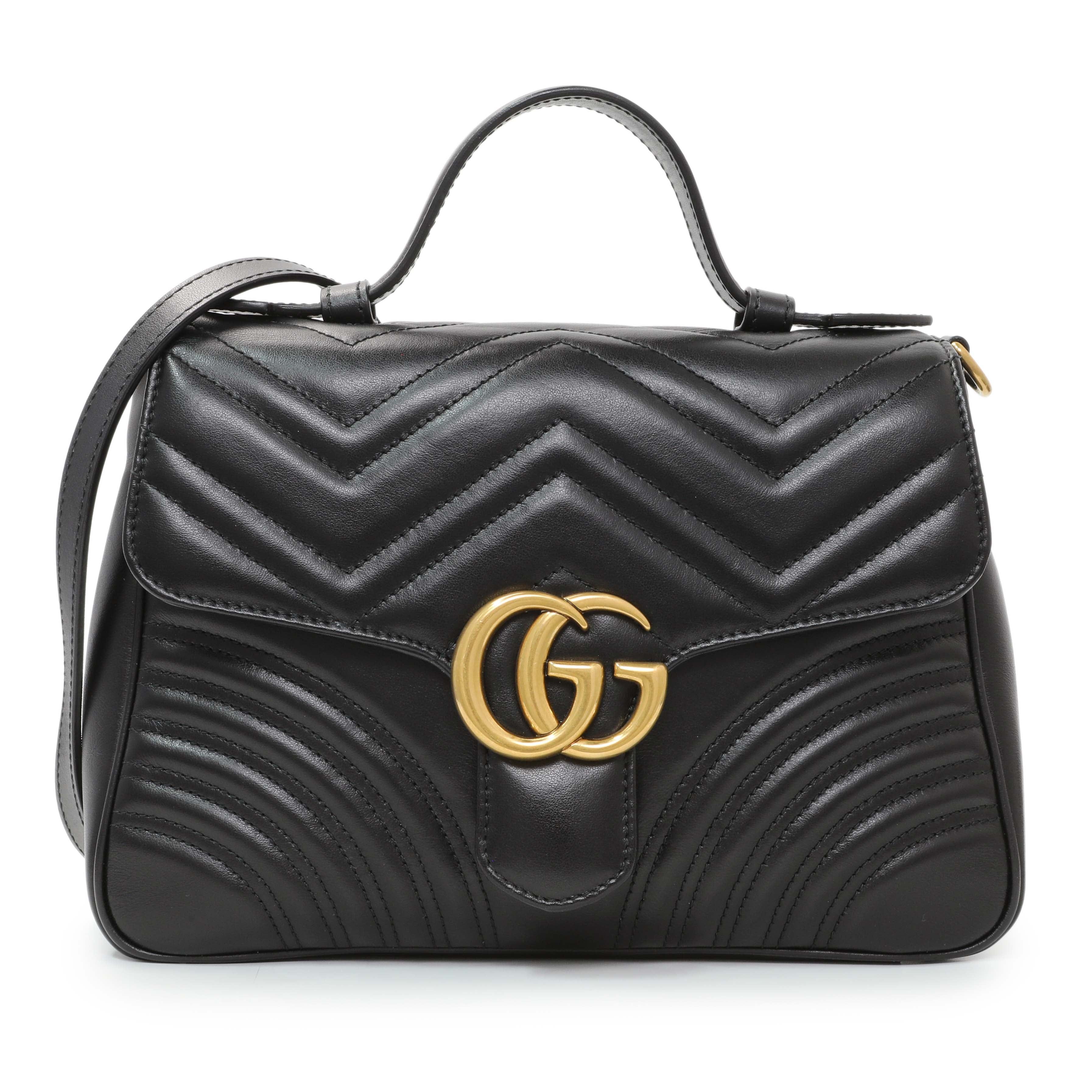 Gucci Black Calfskin Matelasse Small GG Marmont Top Handle Shoulder Bag