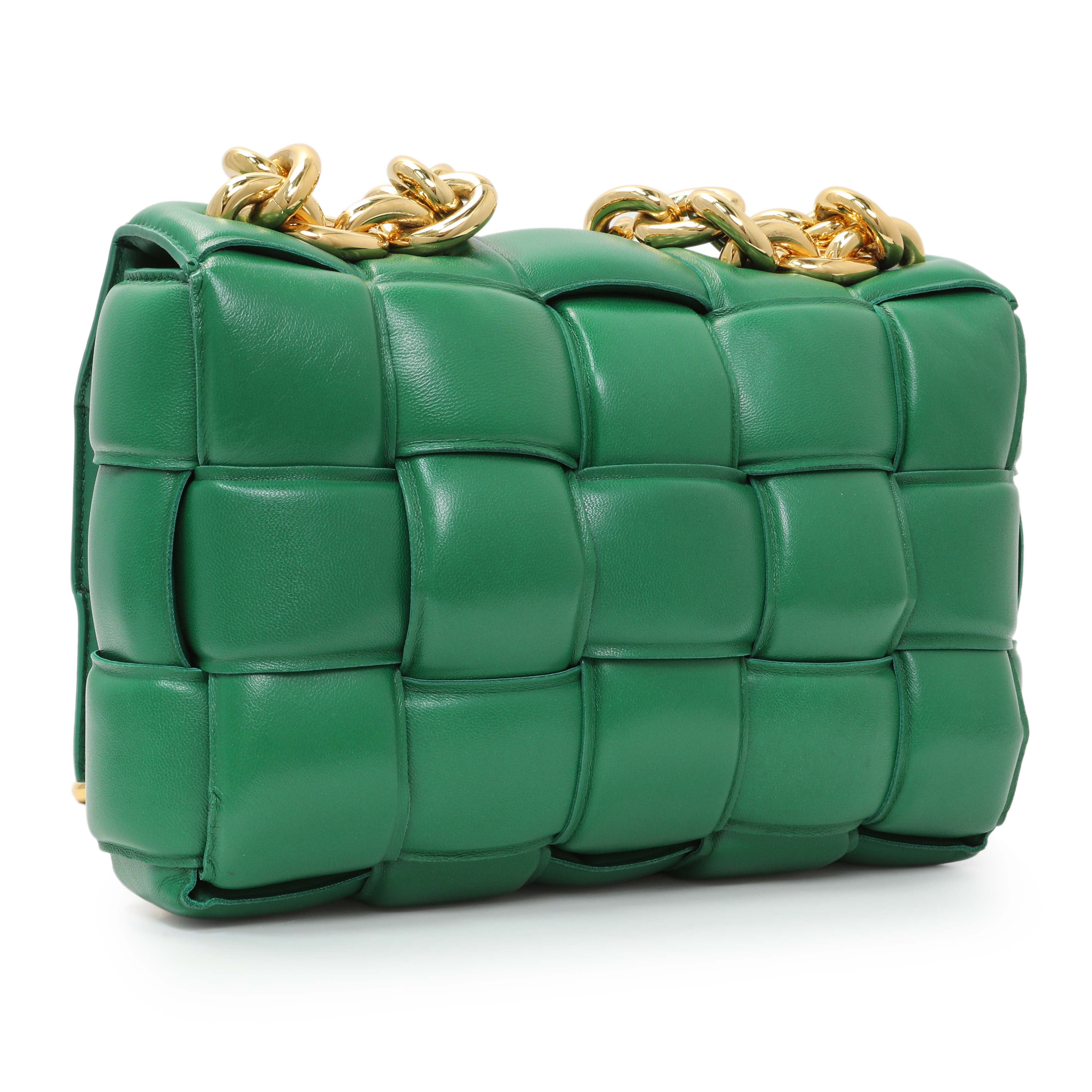 Bottega Veneta Green Lambskin Maxi Intreccio Padded Chain Cassette Crossbody Bag