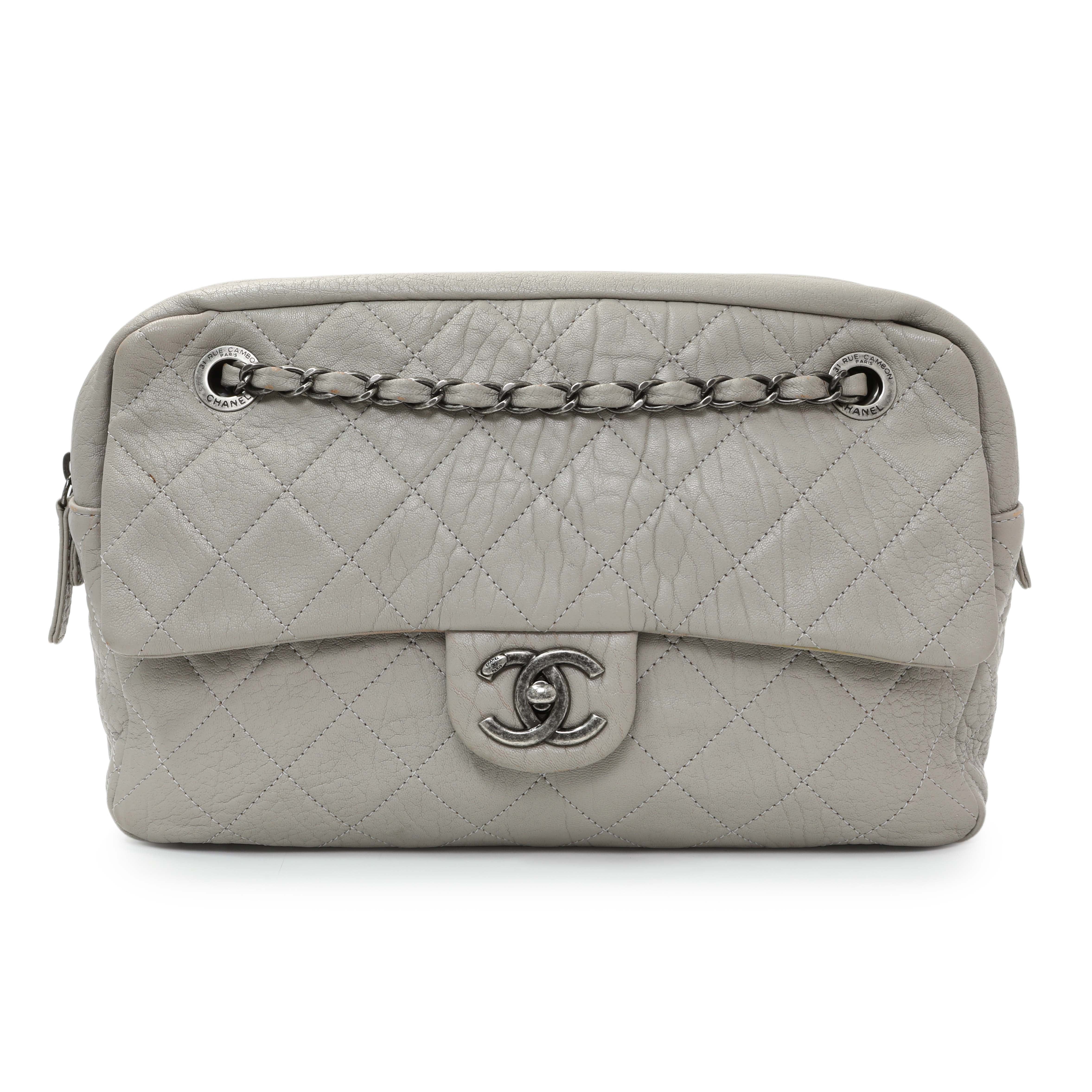 Chanel Grey Quilted Goatskin Chain Shoulder Bag