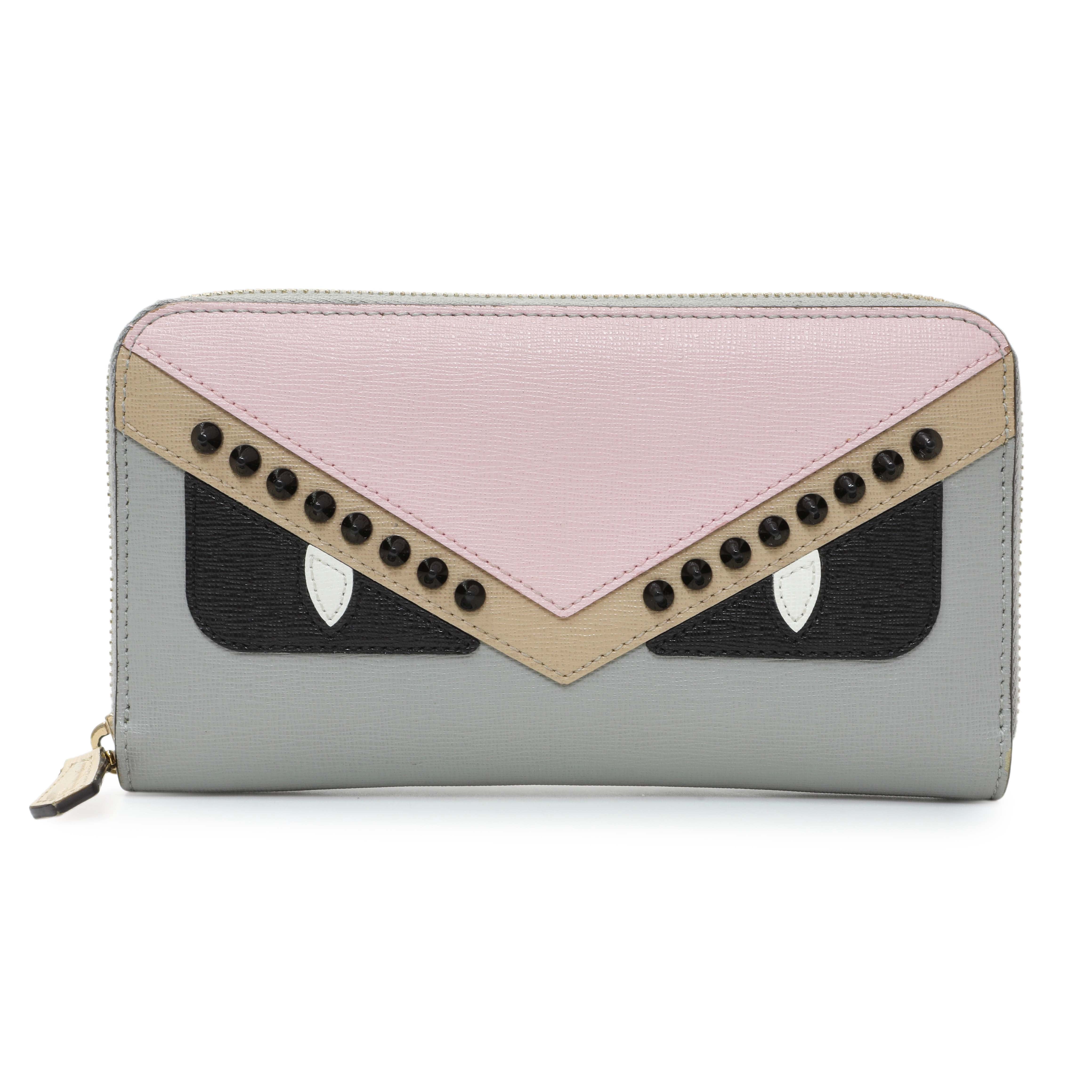 Fendi Vitello Elite Monster Eyes Studded Zip Around Wallet