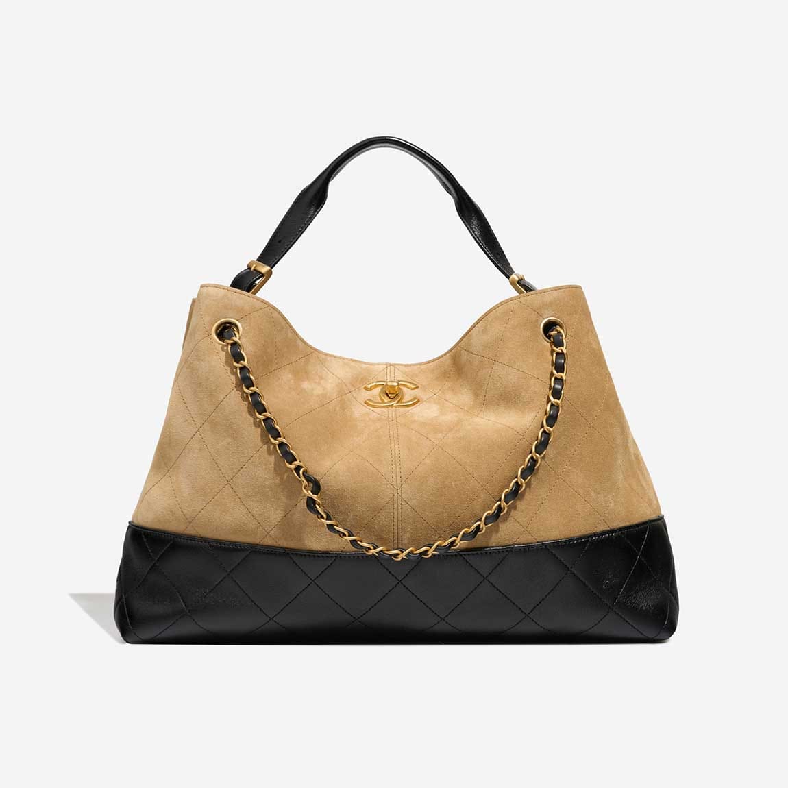 Chanel 25A Two-Tone Tote Bag Medium Suede / Lamb Beige / Black