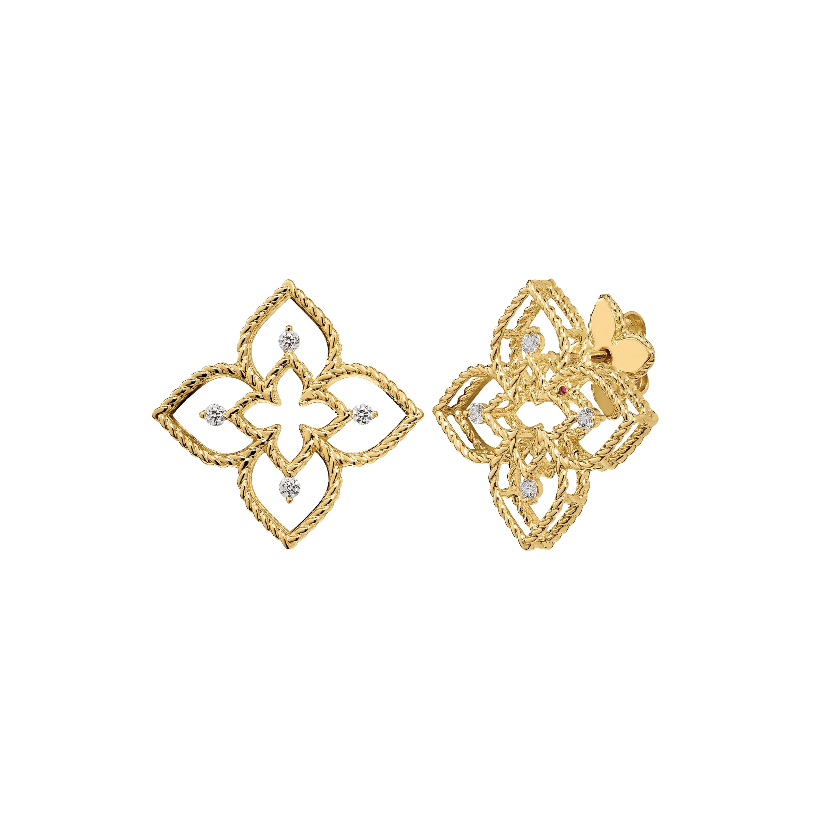 Roberto Coin 18k Yellow Gold Princess Flower Small Open Frame Diamond Stud Earrings