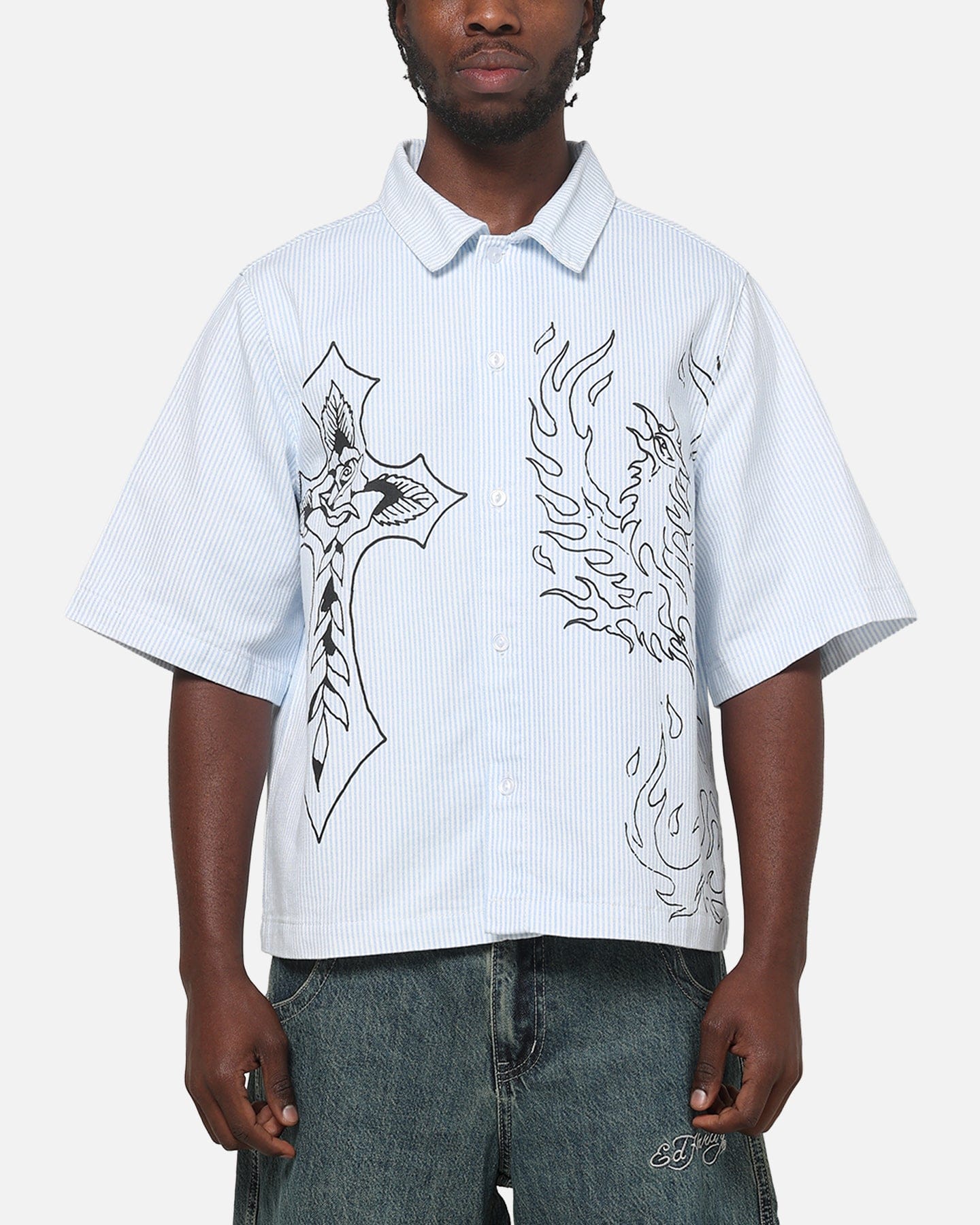 Ed Hardy Ghost Tattoo Button Up Shirt Blue Pinstripe