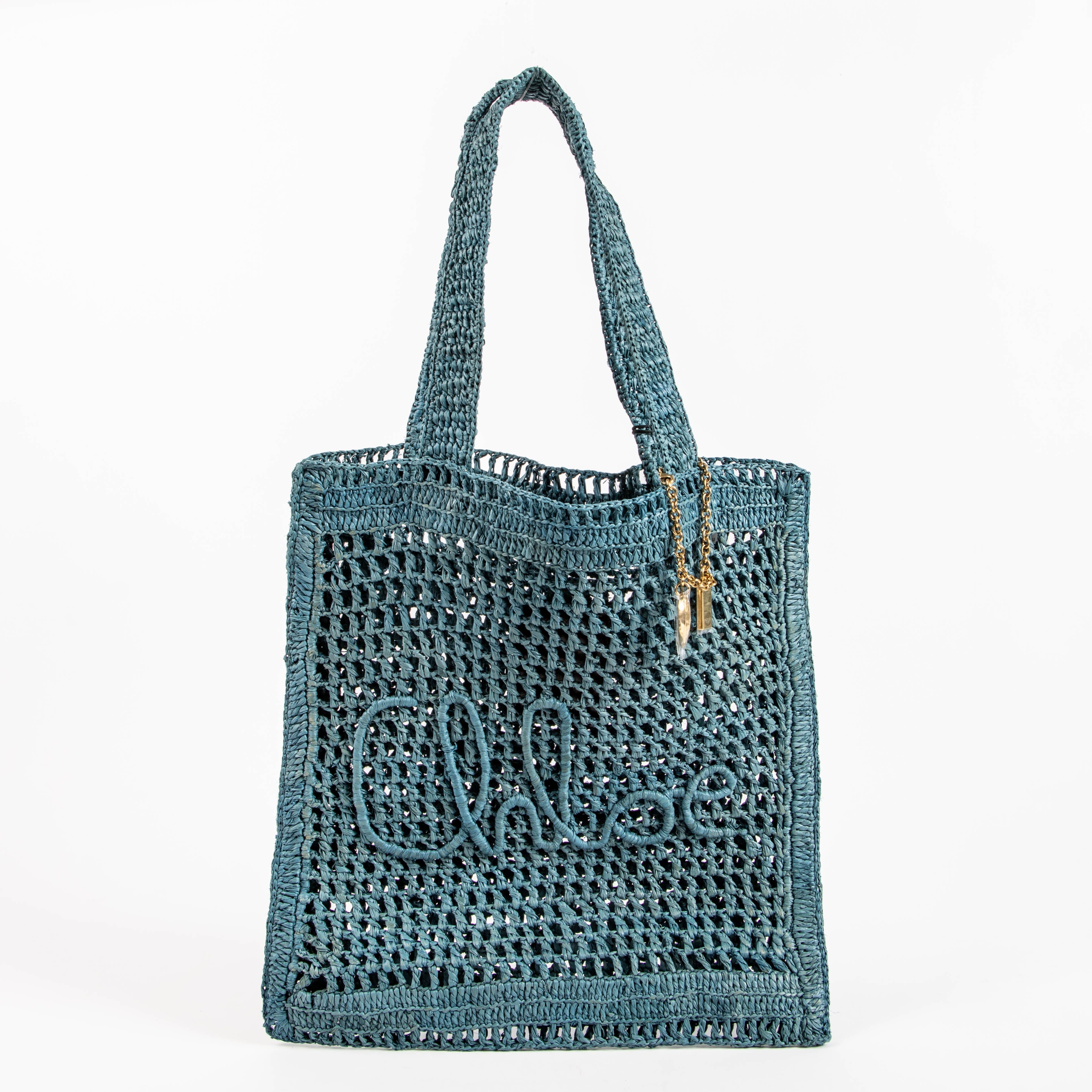 Chloé Stormy Sea Blue Raffia Summer Banana Tote Bag