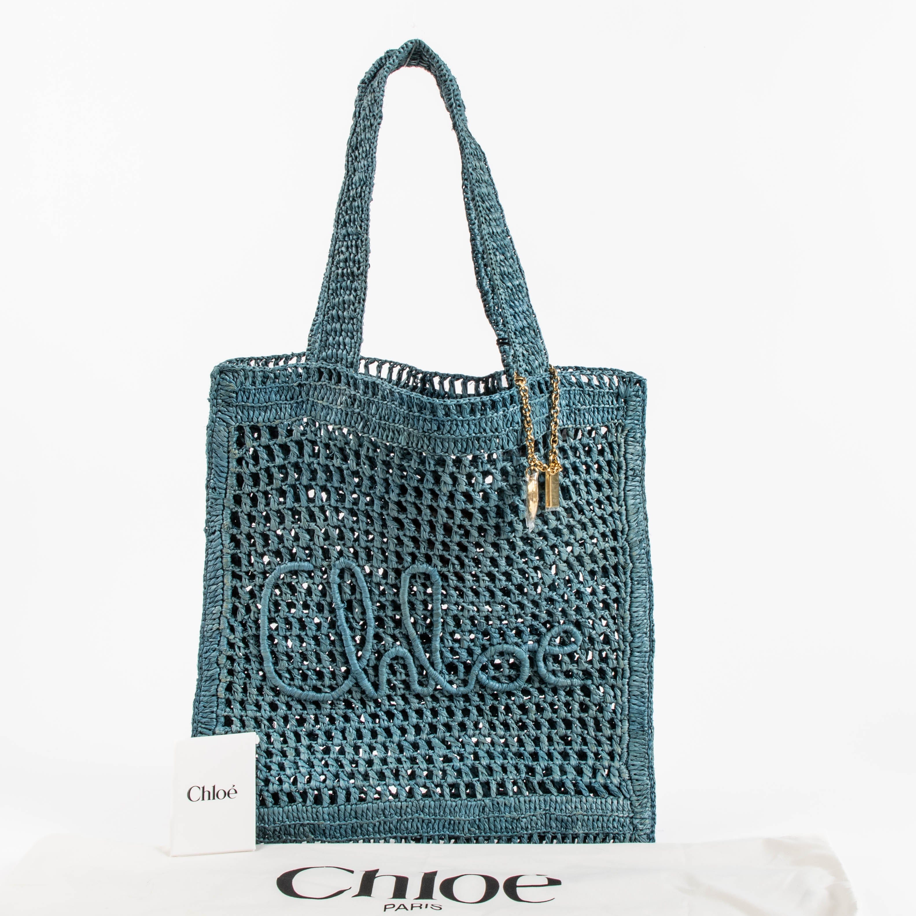 Chloé Stormy Sea Blue Raffia Summer Banana Tote Bag