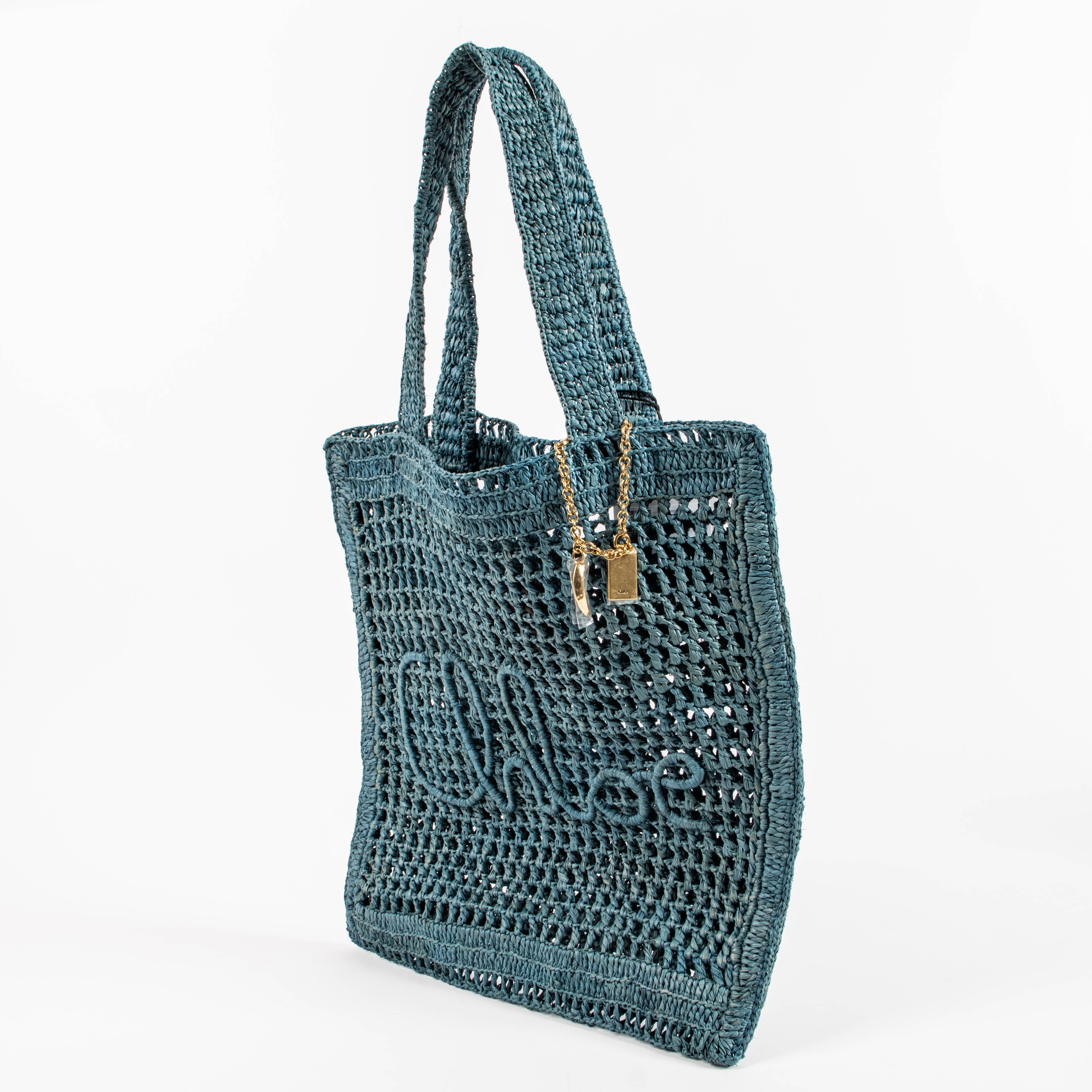 Chloé Stormy Sea Blue Raffia Summer Banana Tote Bag