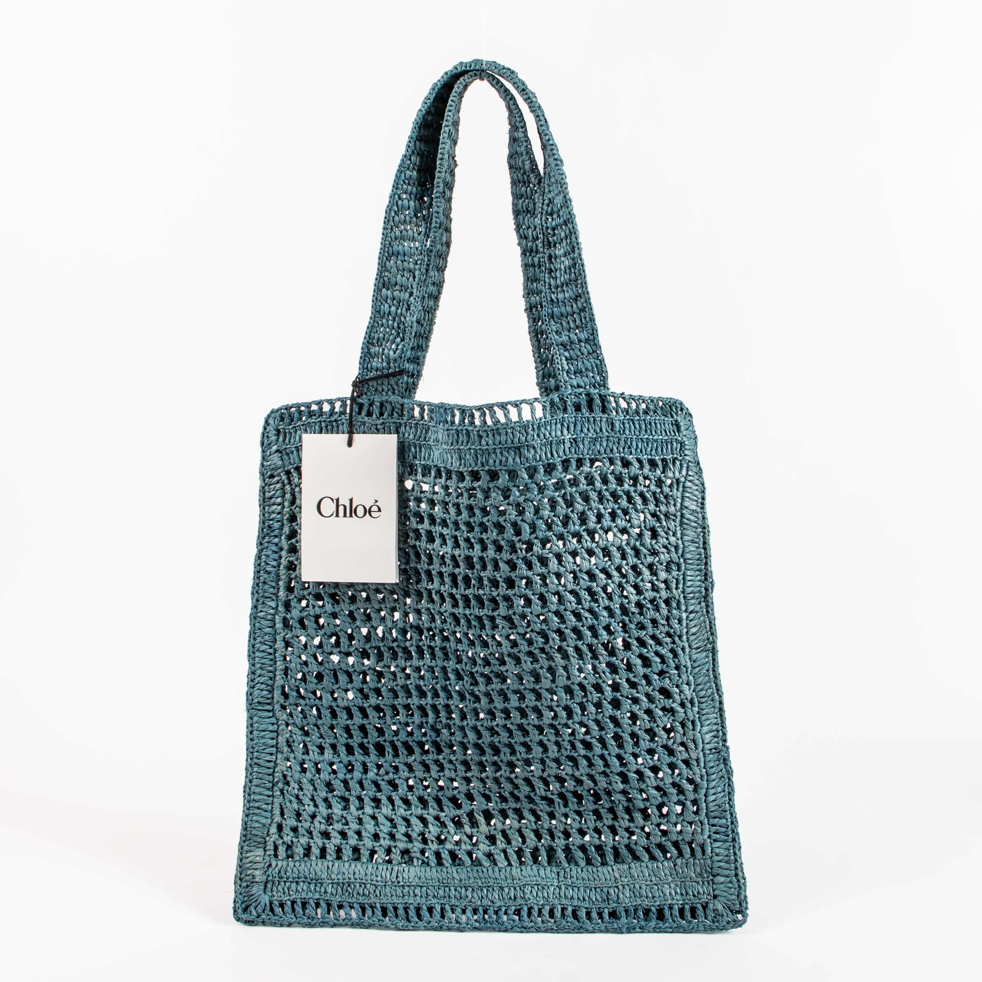 Chloé Stormy Sea Blue Raffia Summer Banana Tote Bag