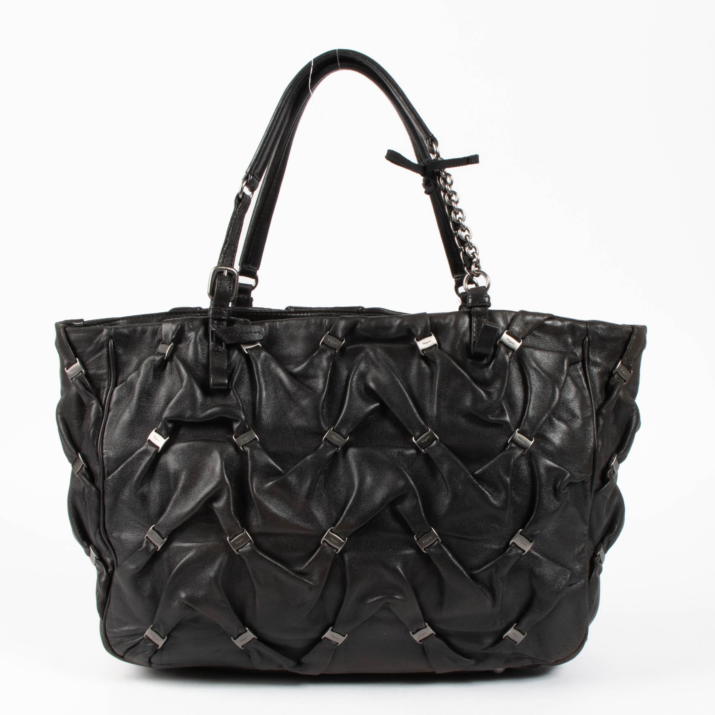 Ferragamo Black Vara Gathered Leather Shopper Bag