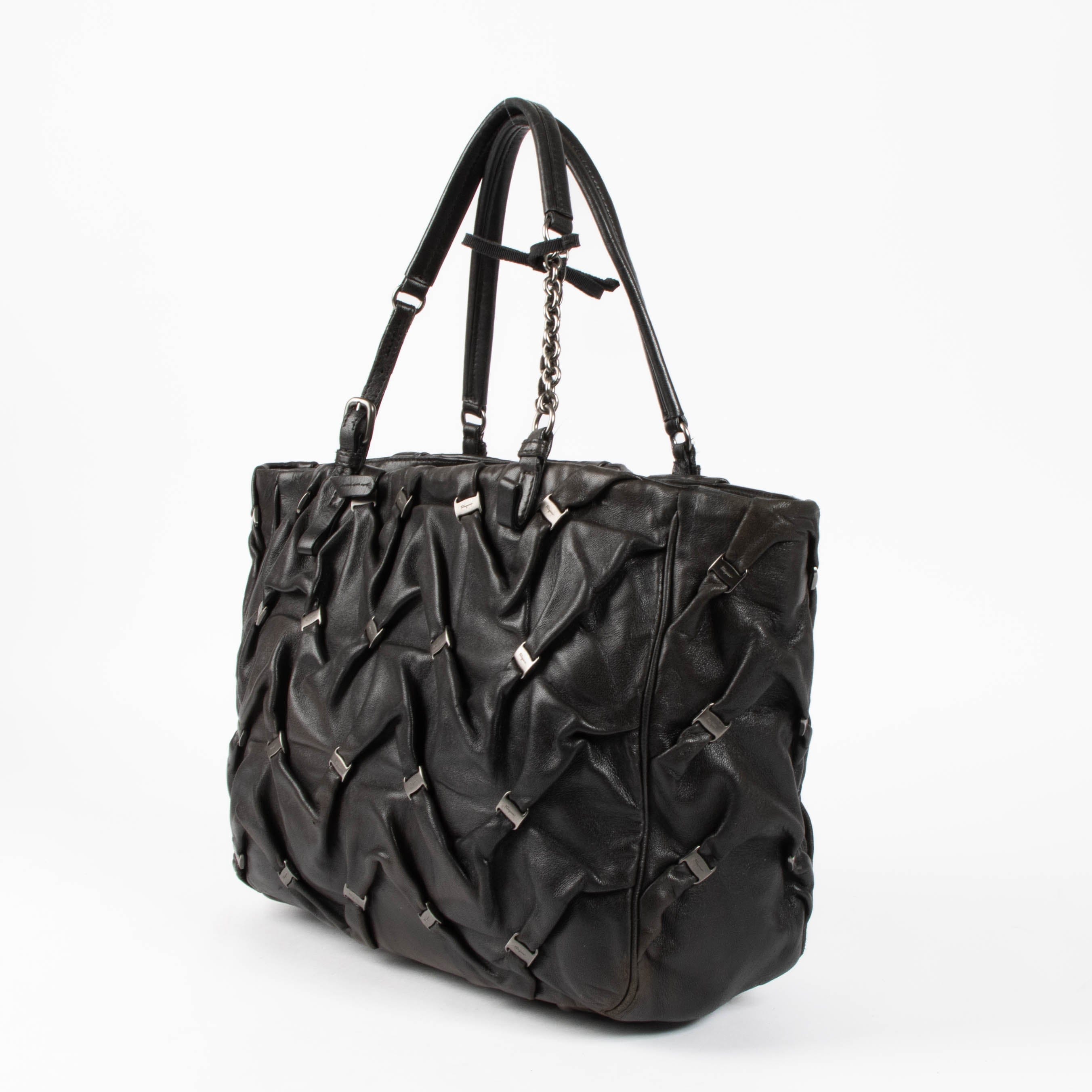 Ferragamo Black Vara Gathered Leather Shopper Bag