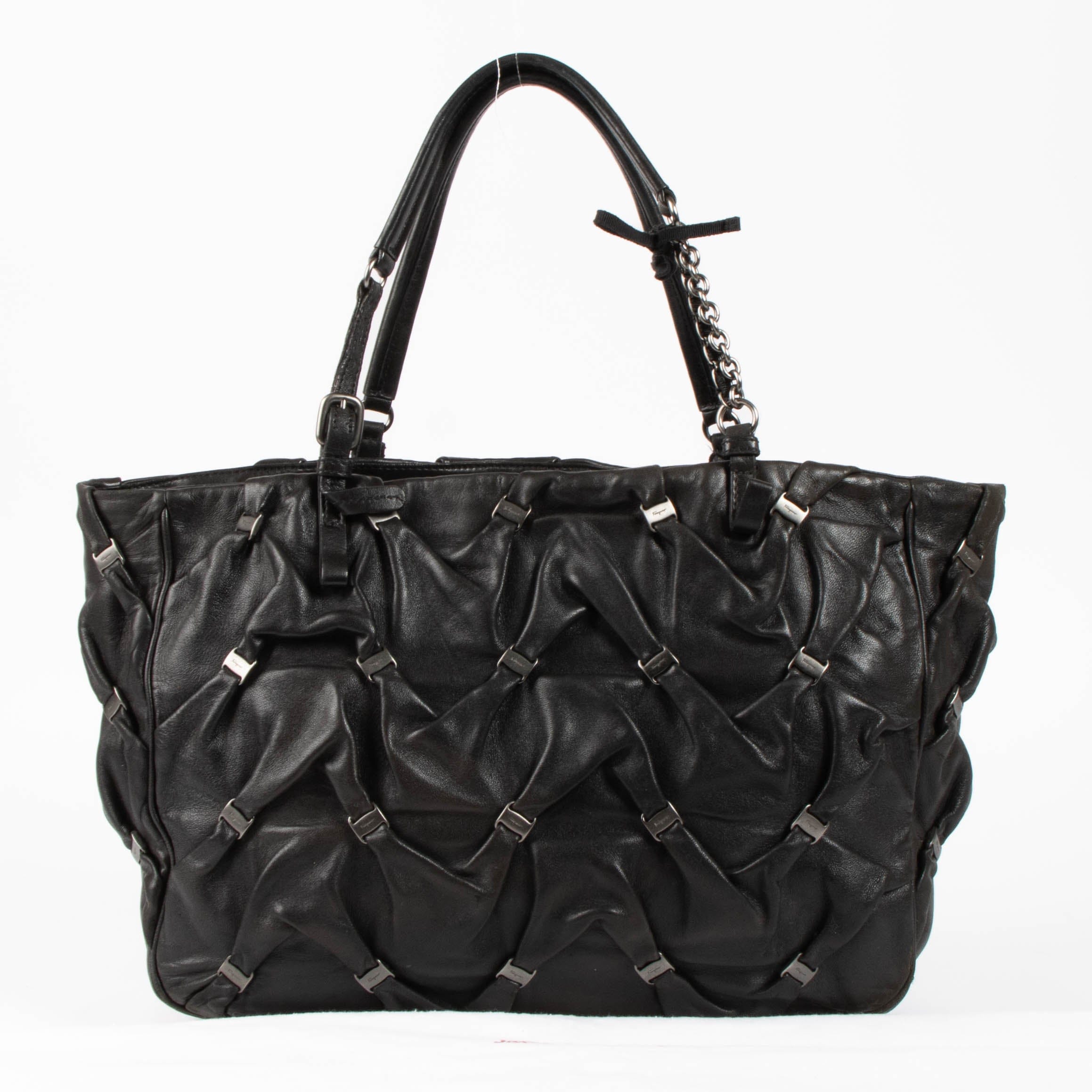 Ferragamo Black Vara Gathered Leather Shopper Bag
