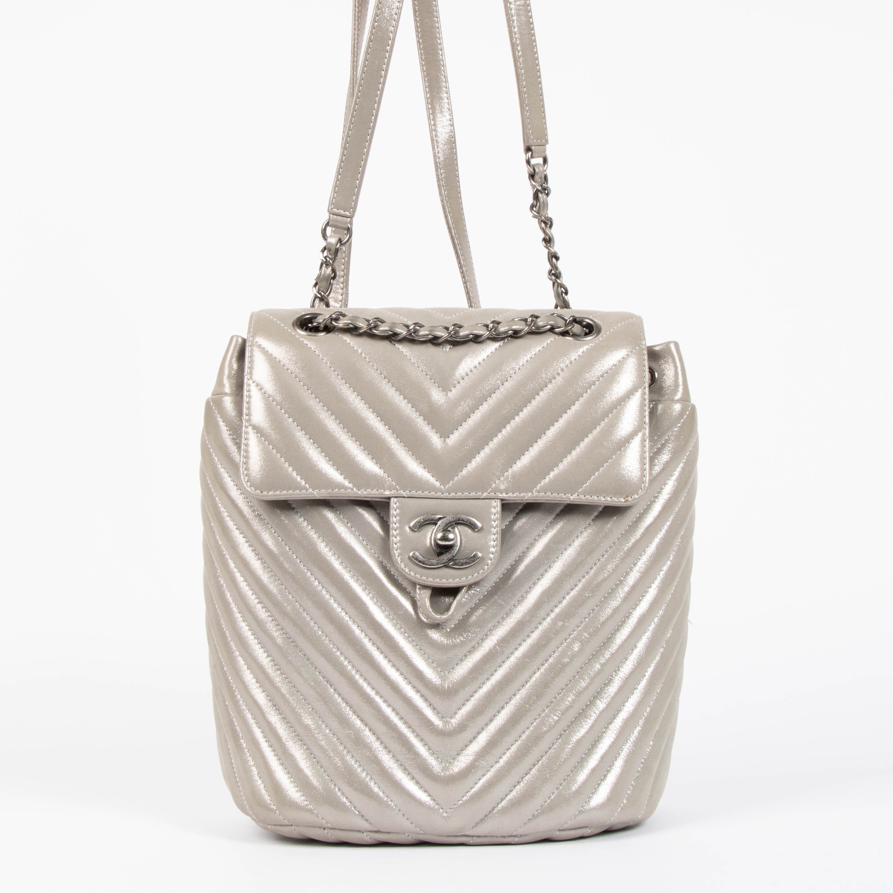 Chanel Metallic Silver Calfskin Chevron Urban Spirit Backpack