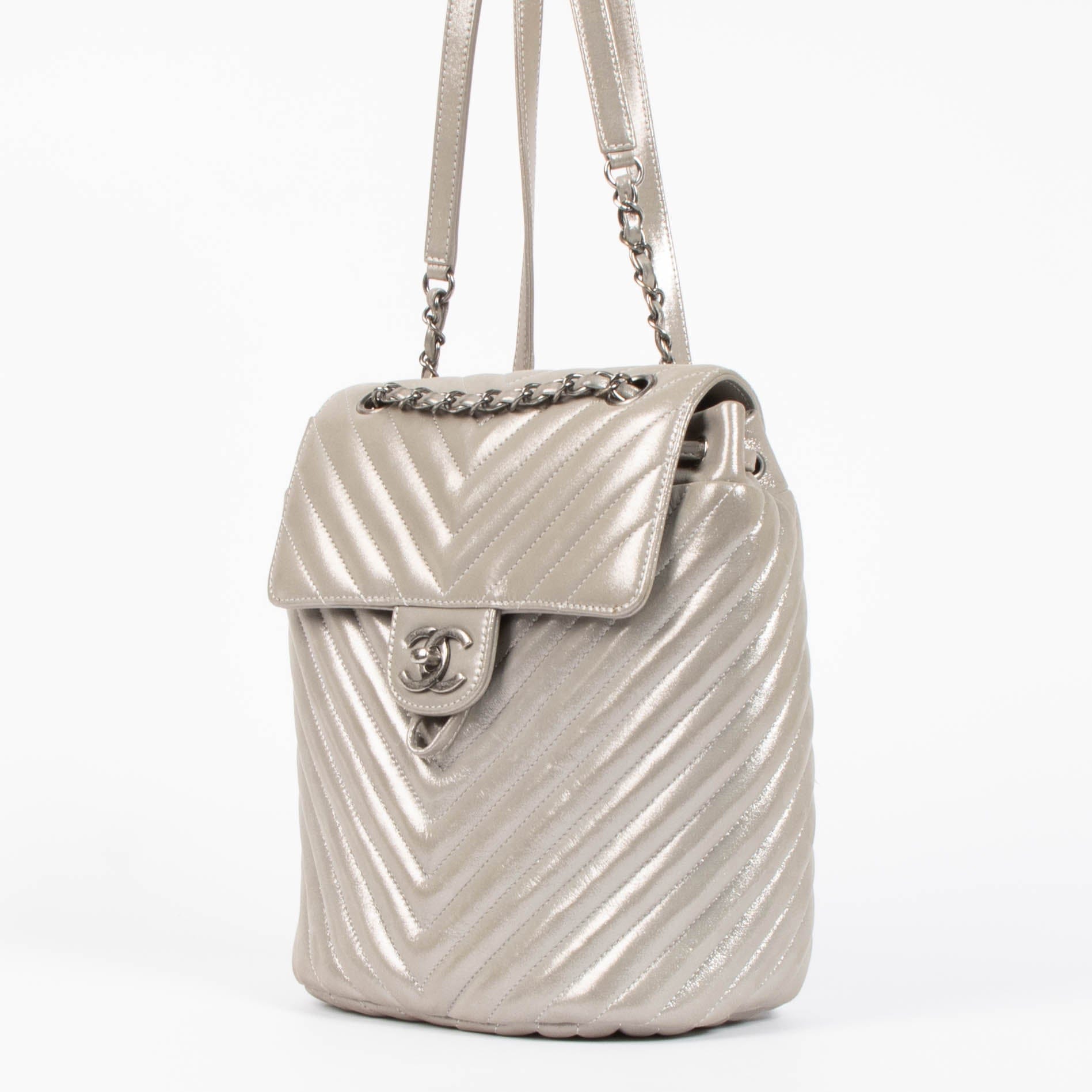 Chanel Metallic Silver Calfskin Chevron Urban Spirit Backpack