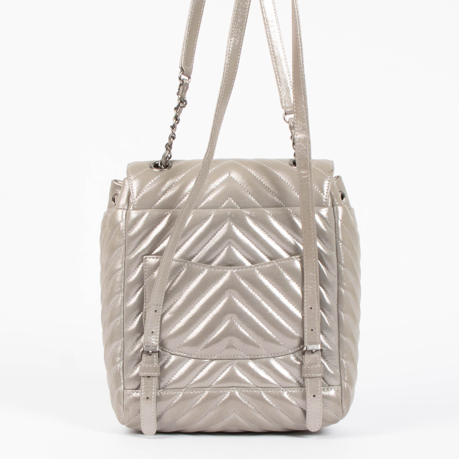 Chanel Metallic Silver Calfskin Chevron Urban Spirit Backpack