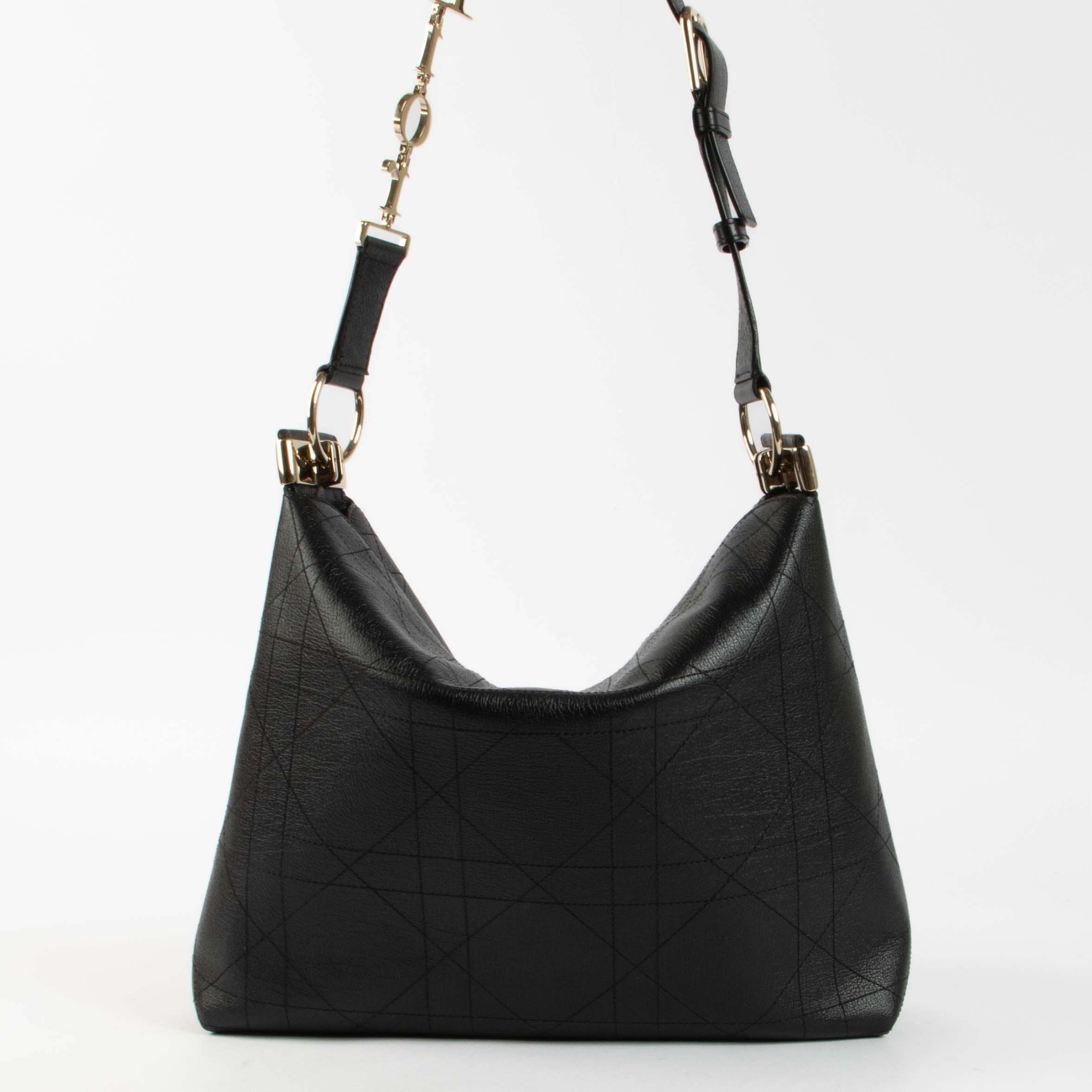 Christian Dior Black Flat Cannage Large Diorly Shoulder Bag