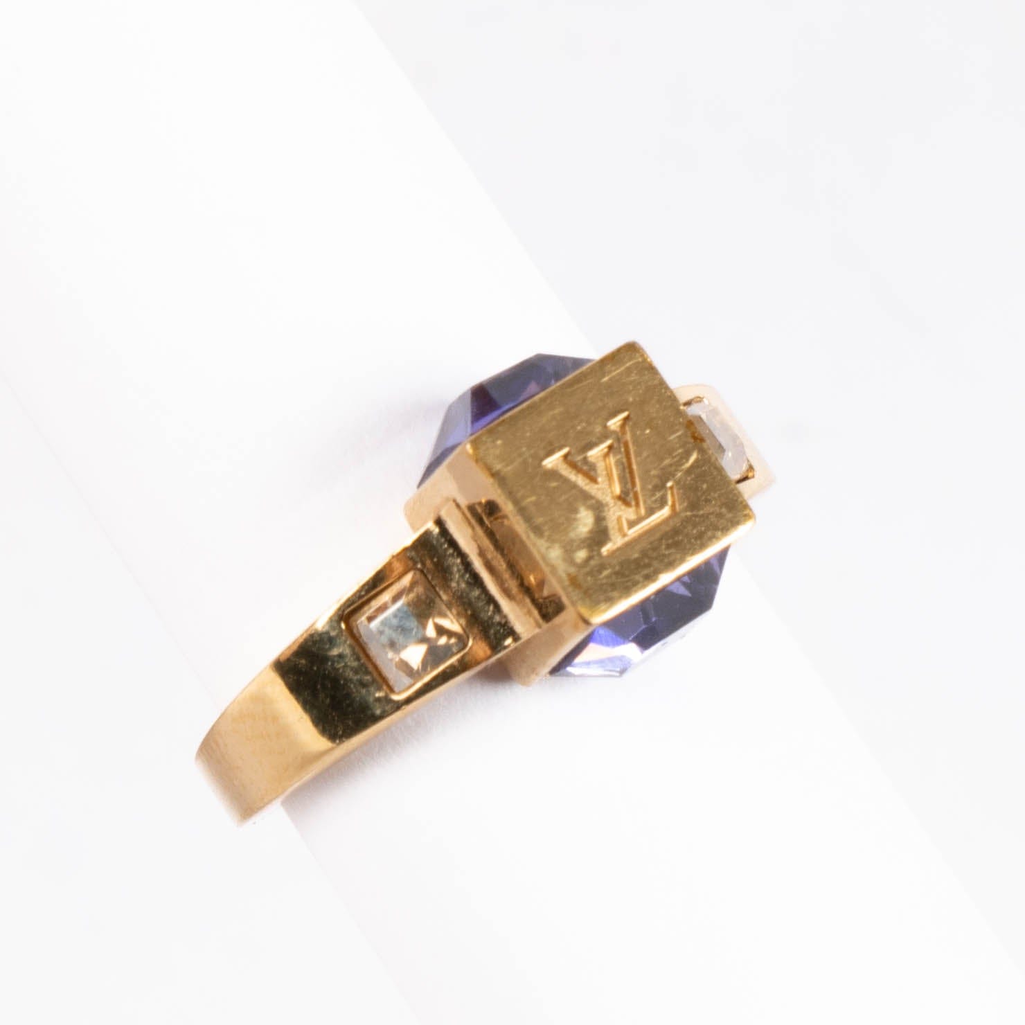 Louis Vuitton Gold Gamble Cube Crystal Ring - Size 56