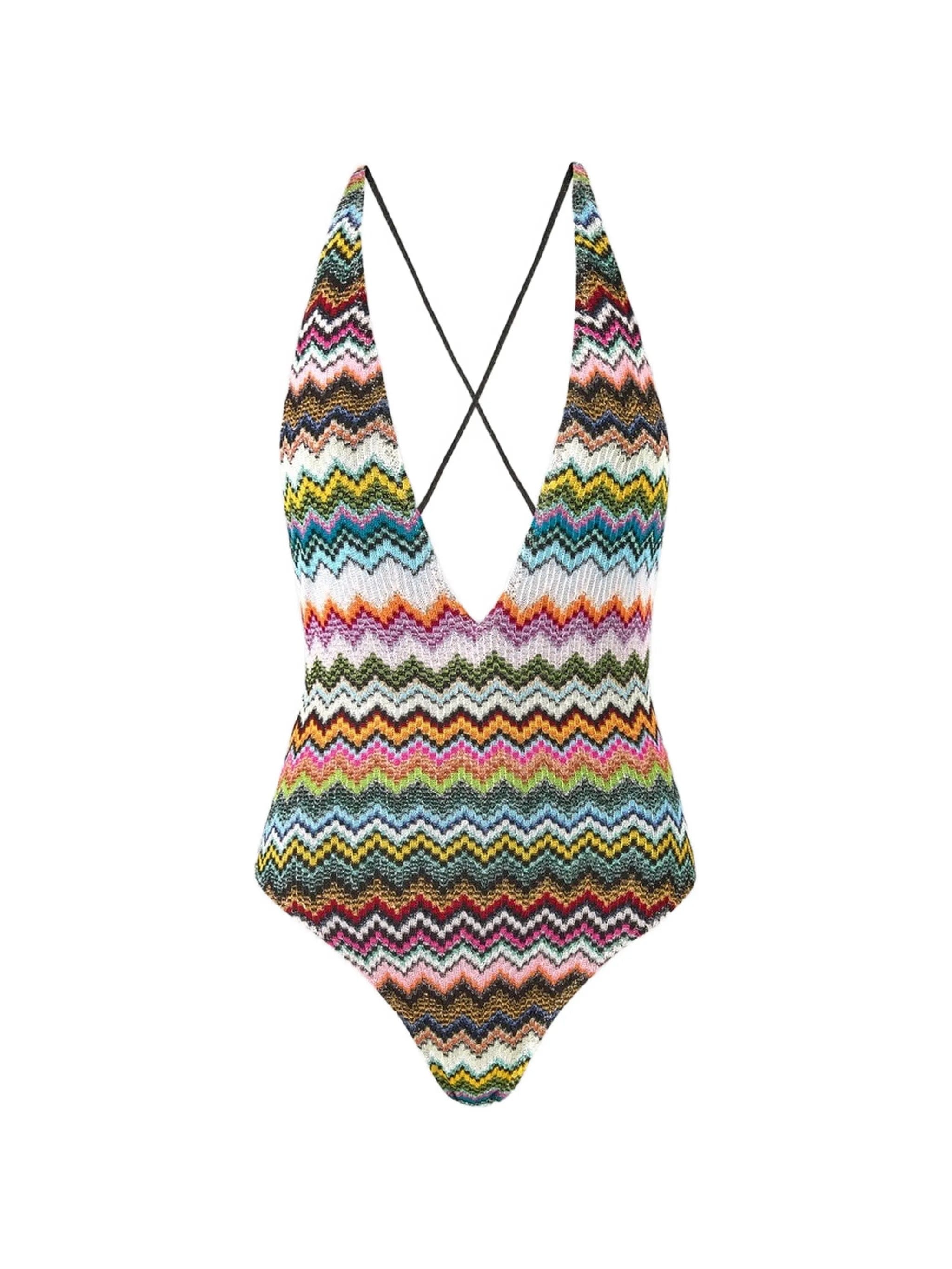 Missoni one-piece swimsuit in lamé viscose with pixel-effect zigzag pattern and V-neckline