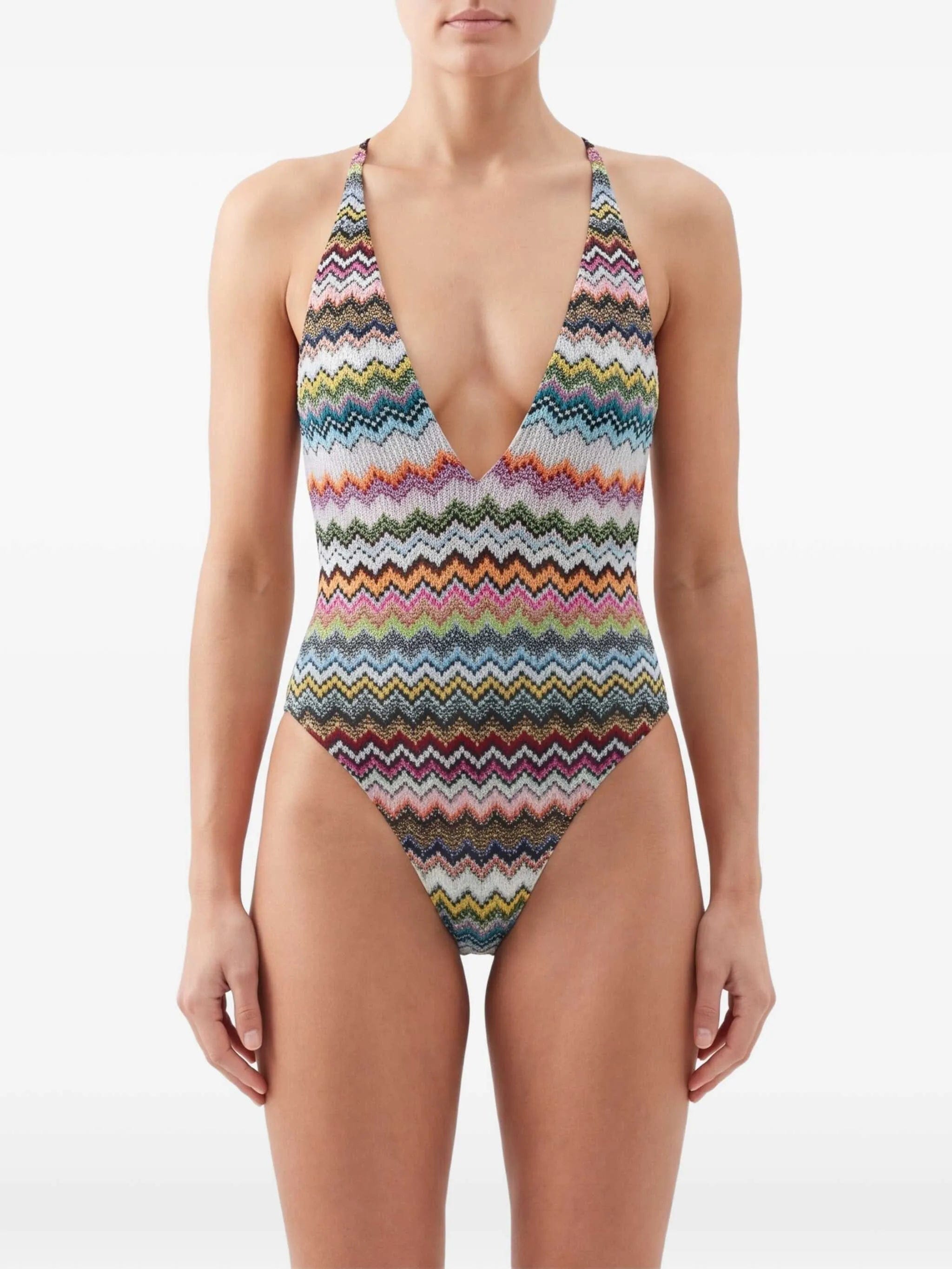 Missoni one-piece swimsuit in lamé viscose with pixel-effect zigzag pattern and V-neckline