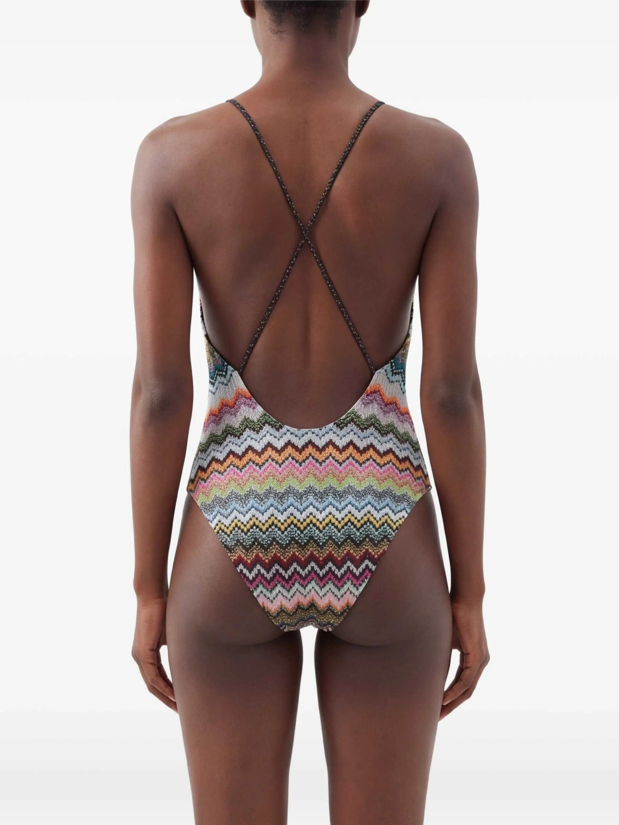 Missoni one-piece swimsuit in lamé viscose with pixel-effect zigzag pattern and V-neckline