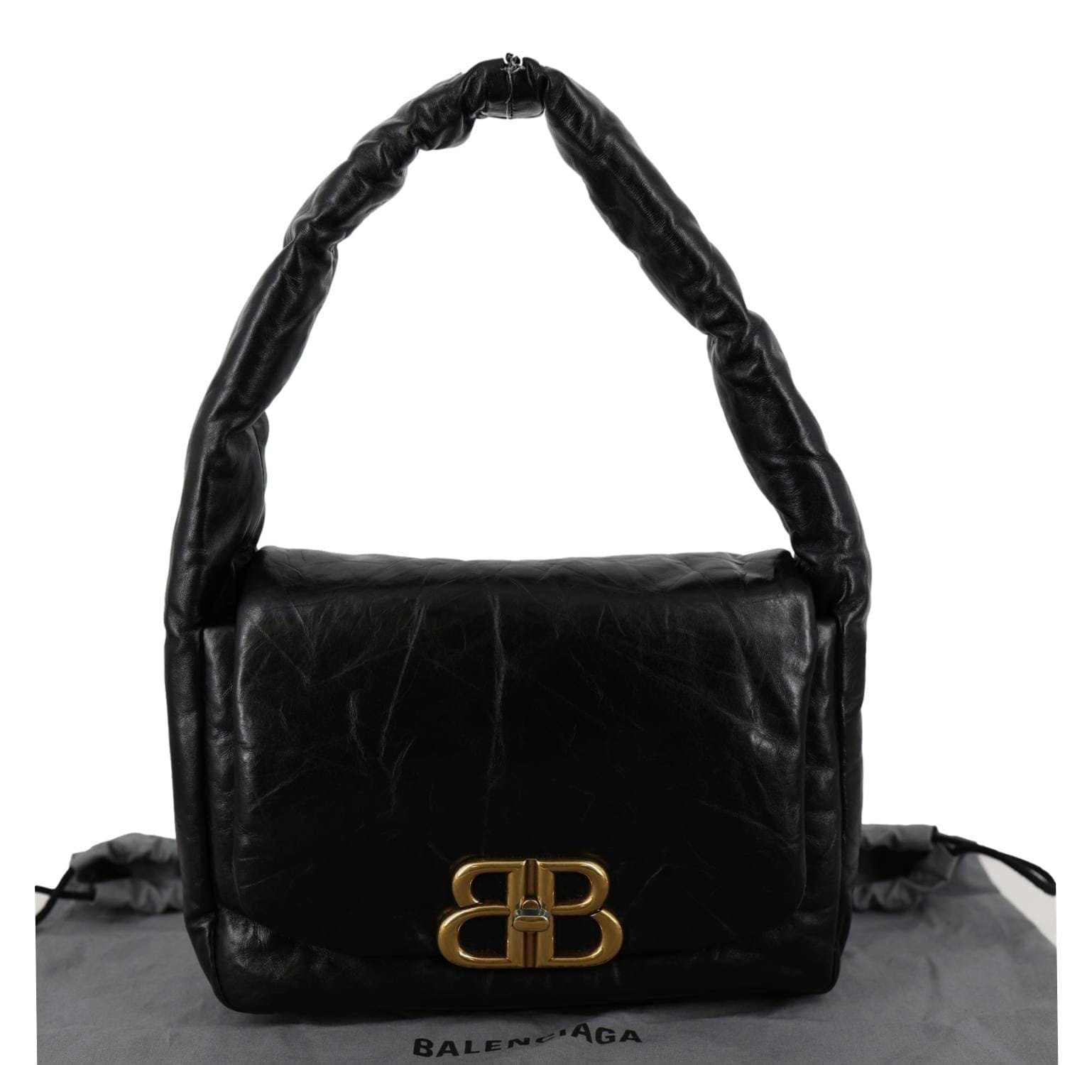 BALENCIAGA Monaco Calfskin Leather Shoulder Bag Black