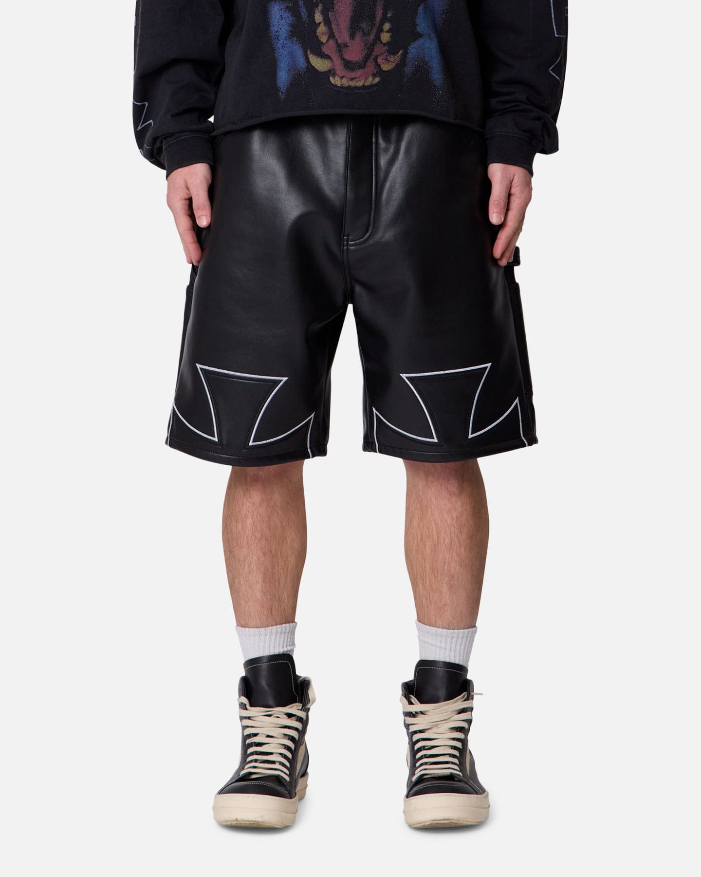 MNML Ultra Baggy Iron Cross Leather Shorts Black