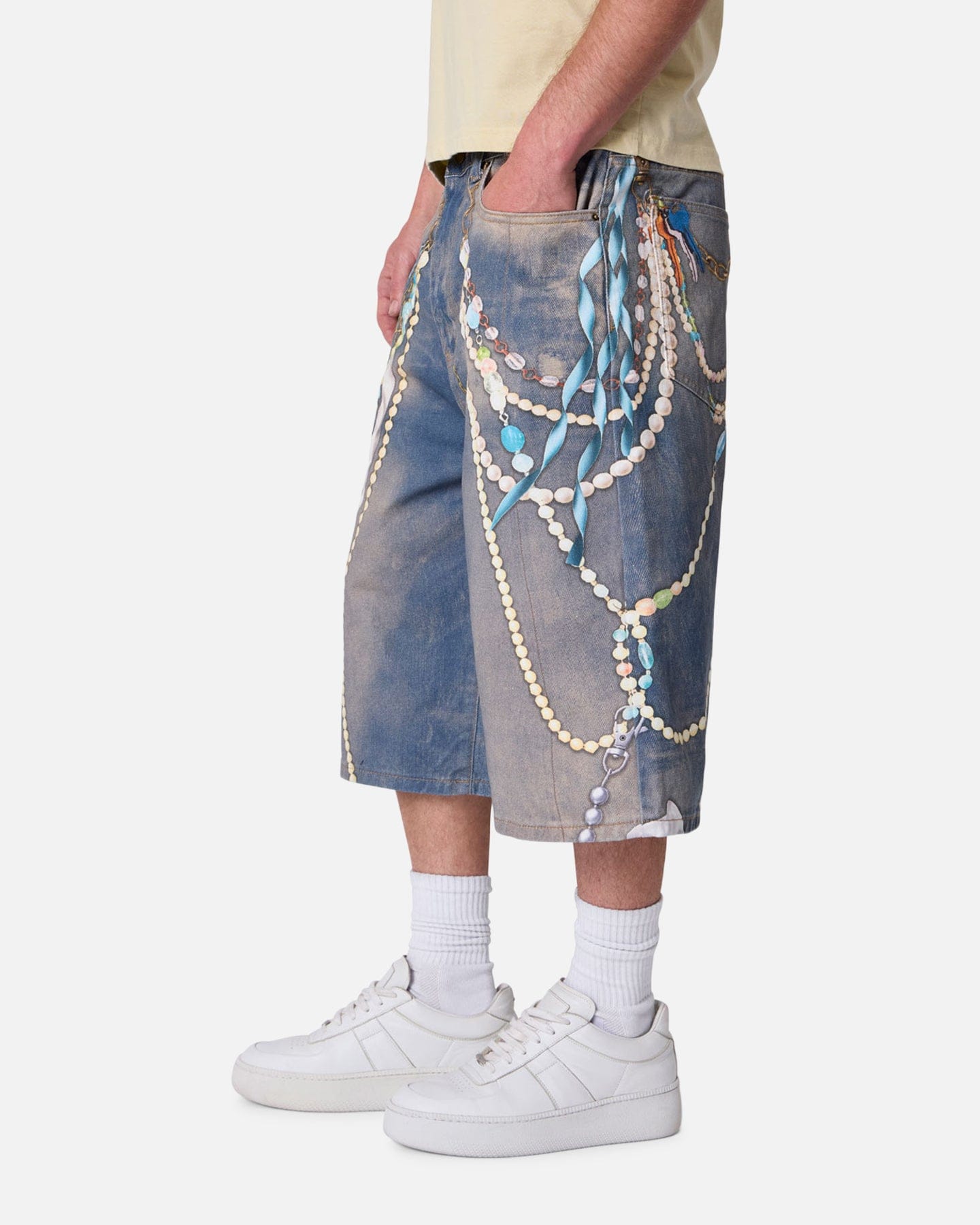 MNML Ultra Baggy Chain Printed Denim Shorts Light Blue