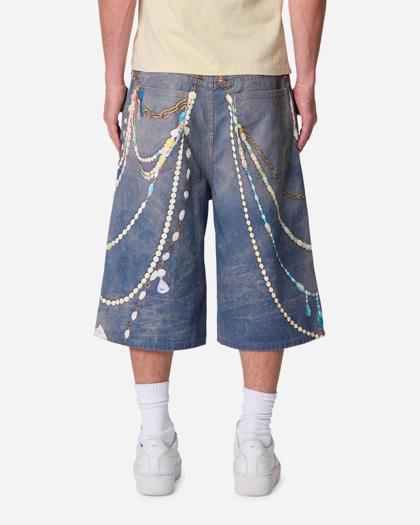 MNML Ultra Baggy Chain Printed Denim Shorts Light Blue