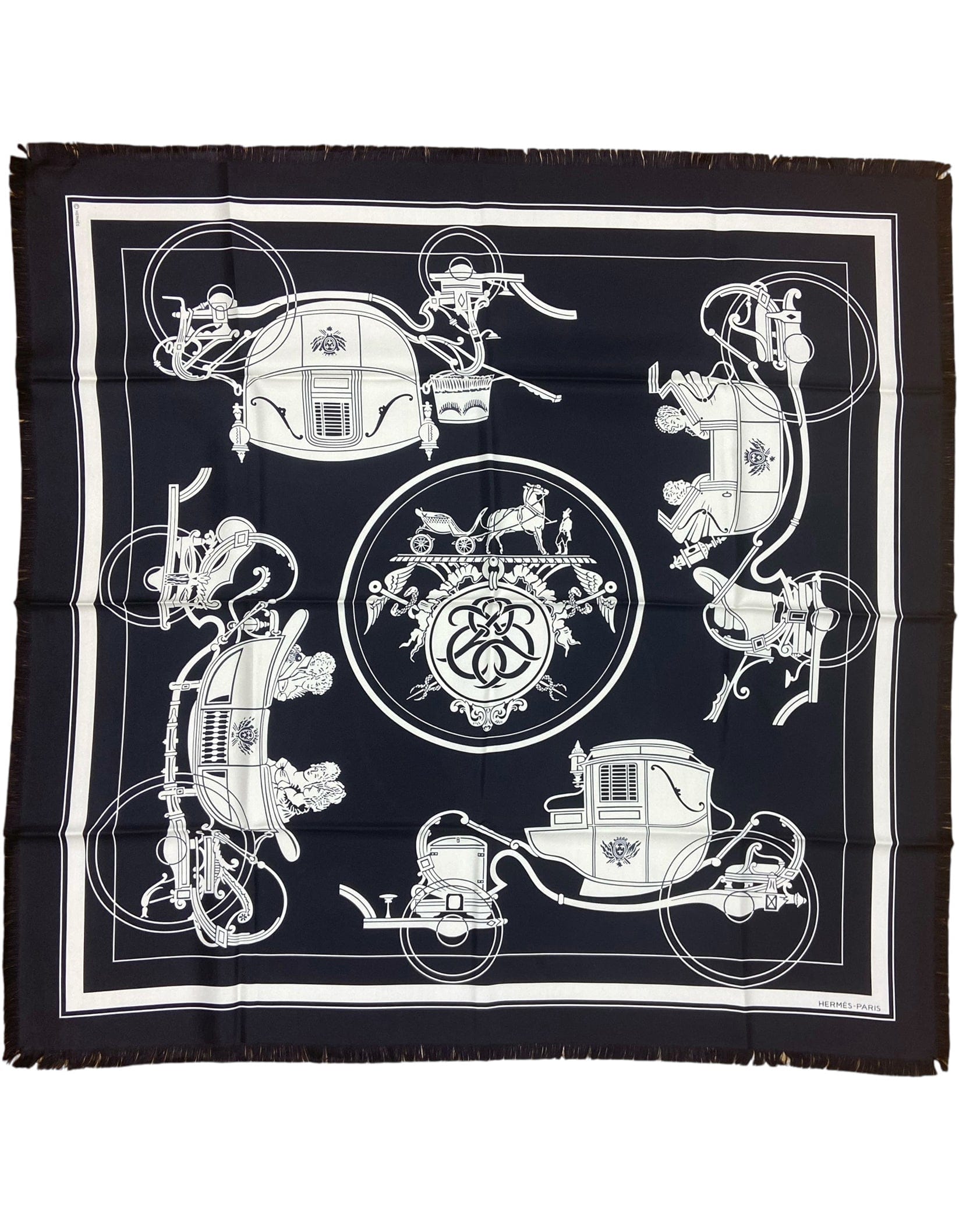 ASC Resale Hermes Black Ex-Libris Fringed 80cm Silk Scarf