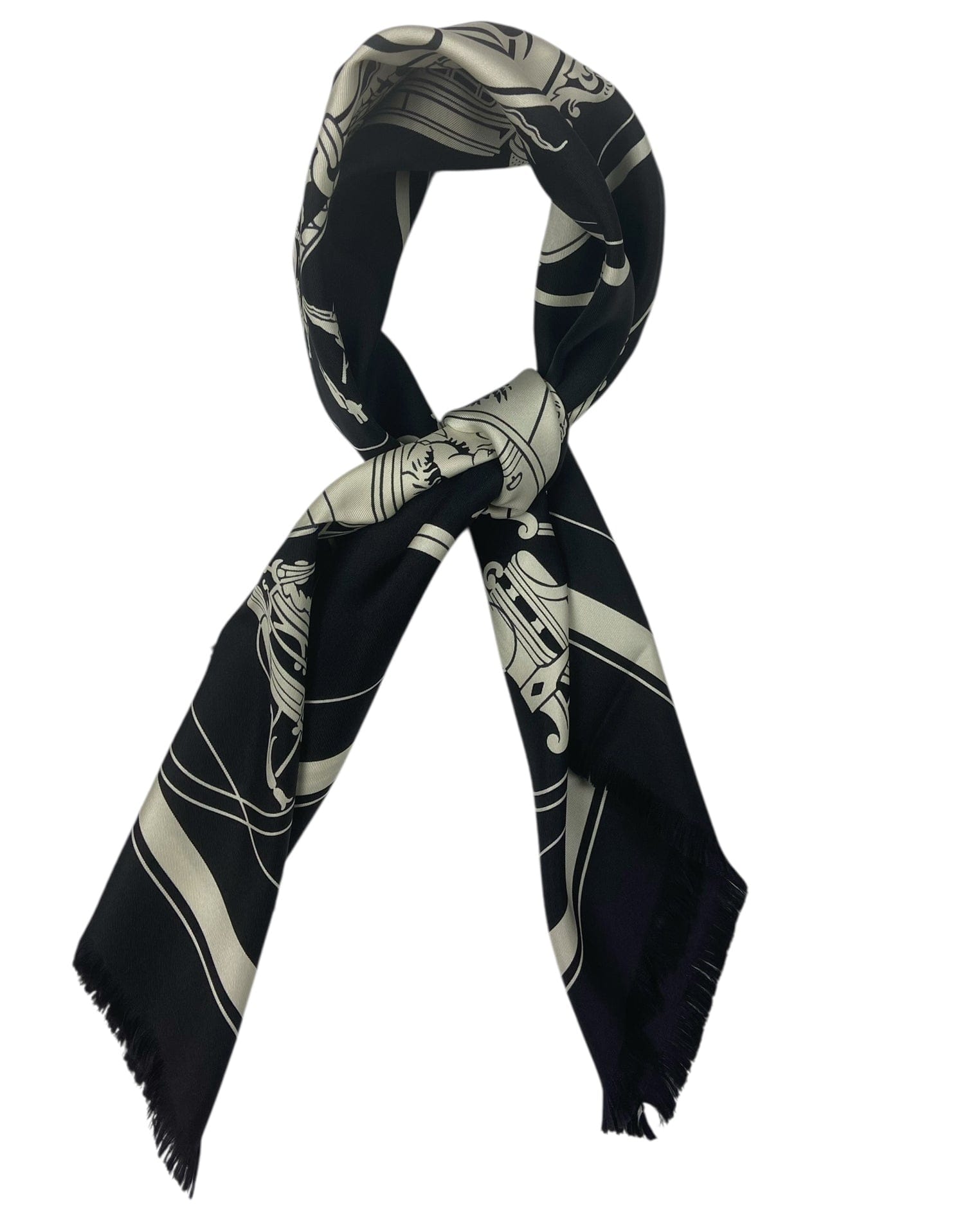 ASC Resale Hermes Black Ex-Libris Fringed 80cm Silk Scarf