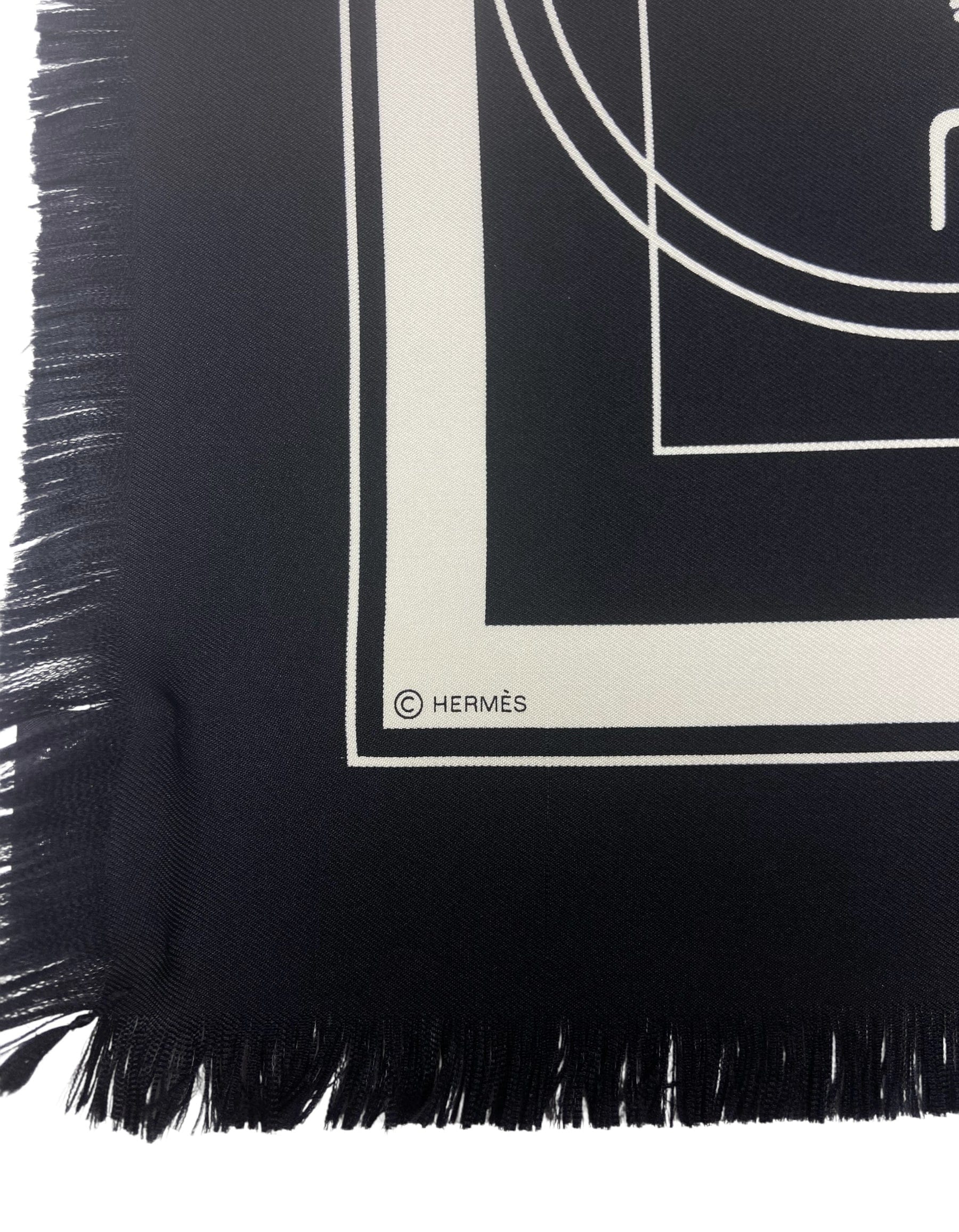 ASC Resale Hermes Black Ex-Libris Fringed 80cm Silk Scarf