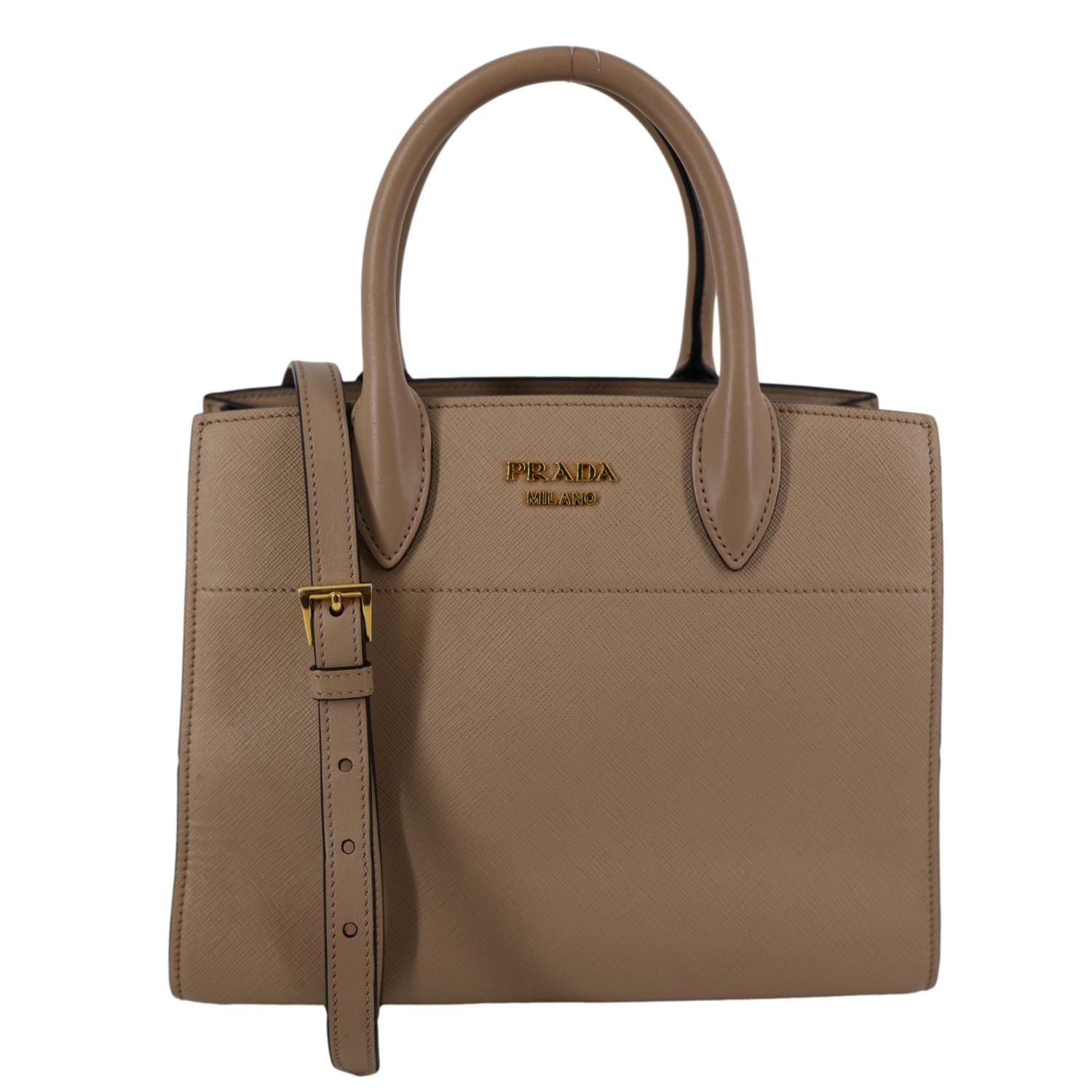 PRADA Bibliotheque Saffiano City Leather Double Handle Tote Shoulder Bag Beige