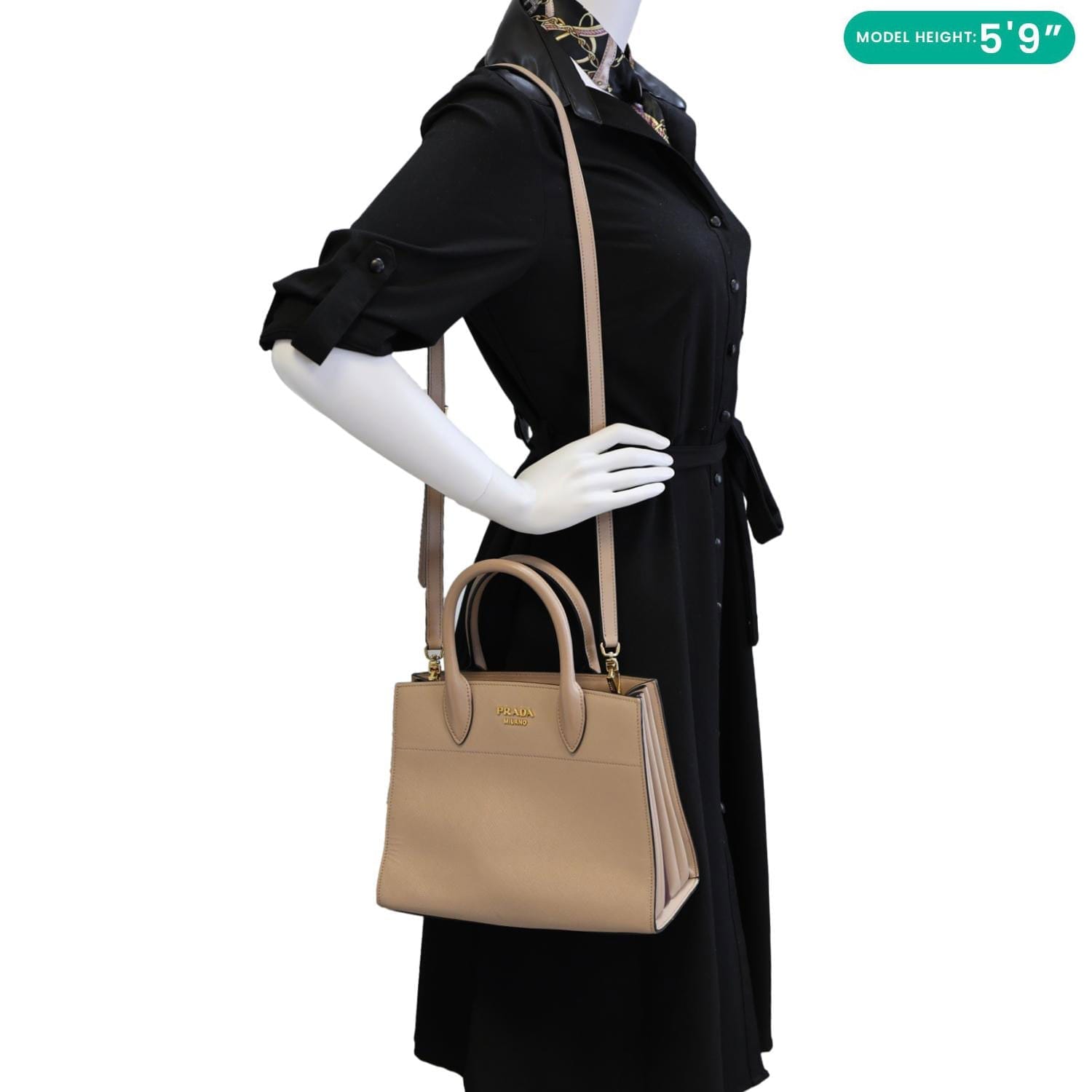 PRADA Bibliotheque Saffiano City Leather Double Handle Tote Shoulder Bag Beige