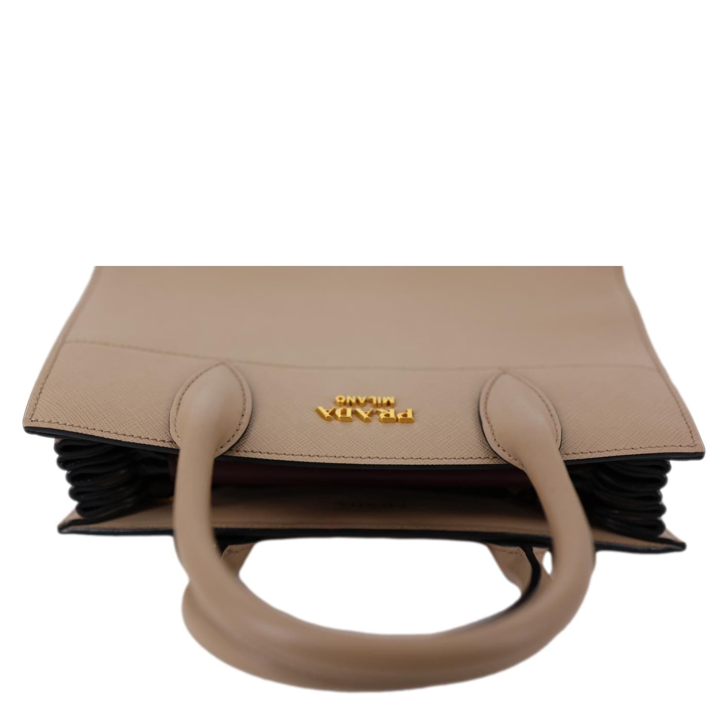 PRADA Bibliotheque Saffiano City Leather Double Handle Tote Shoulder Bag Beige