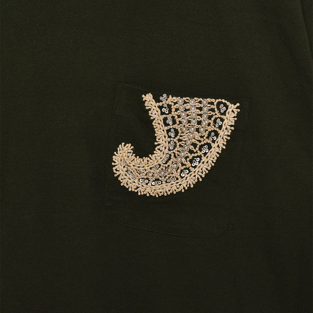 Kartik Research Chikankari LS Tee - Green/ Ecru