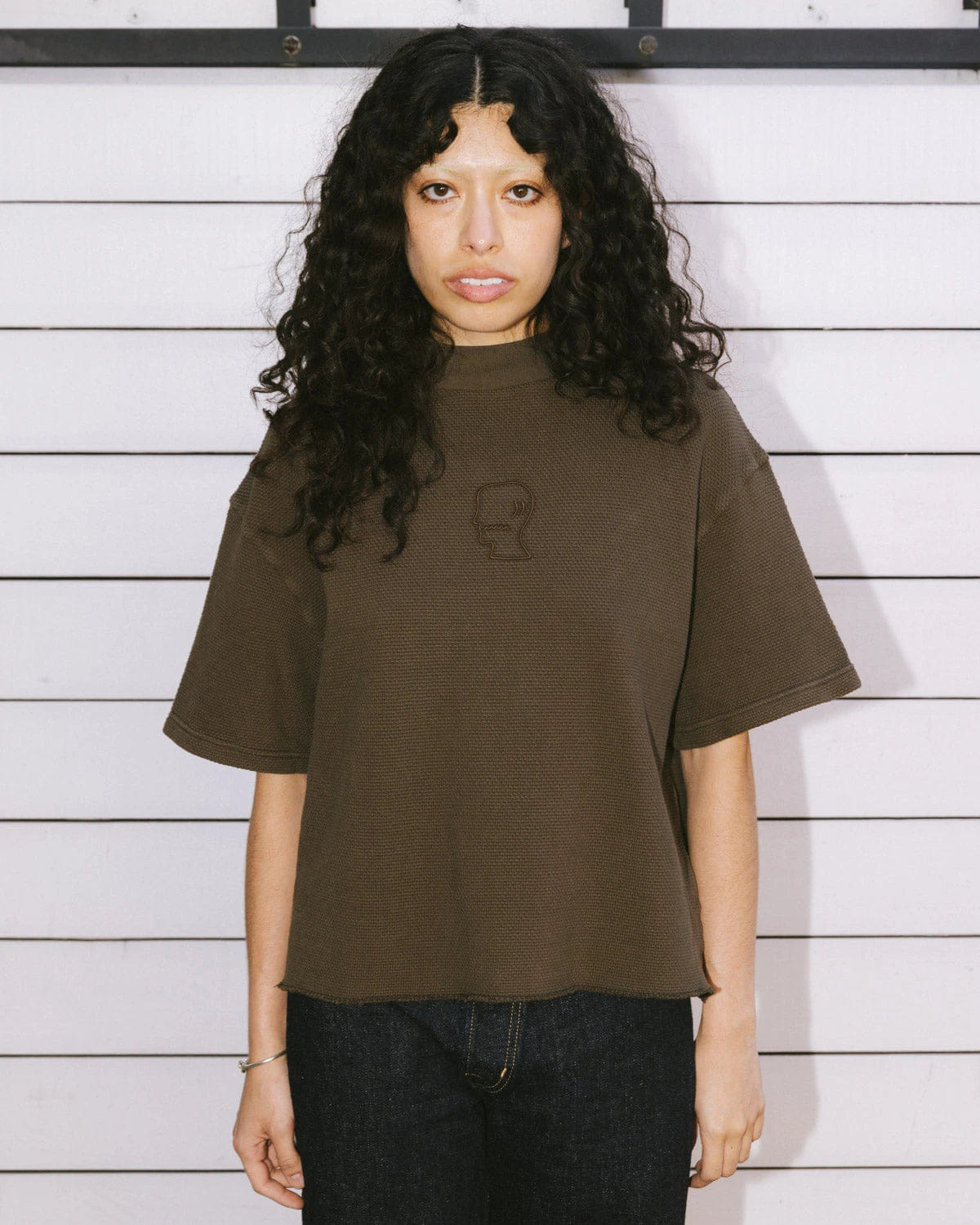 Brain Dead Boxy Thermal Mock Neck T-Shirt - Brown