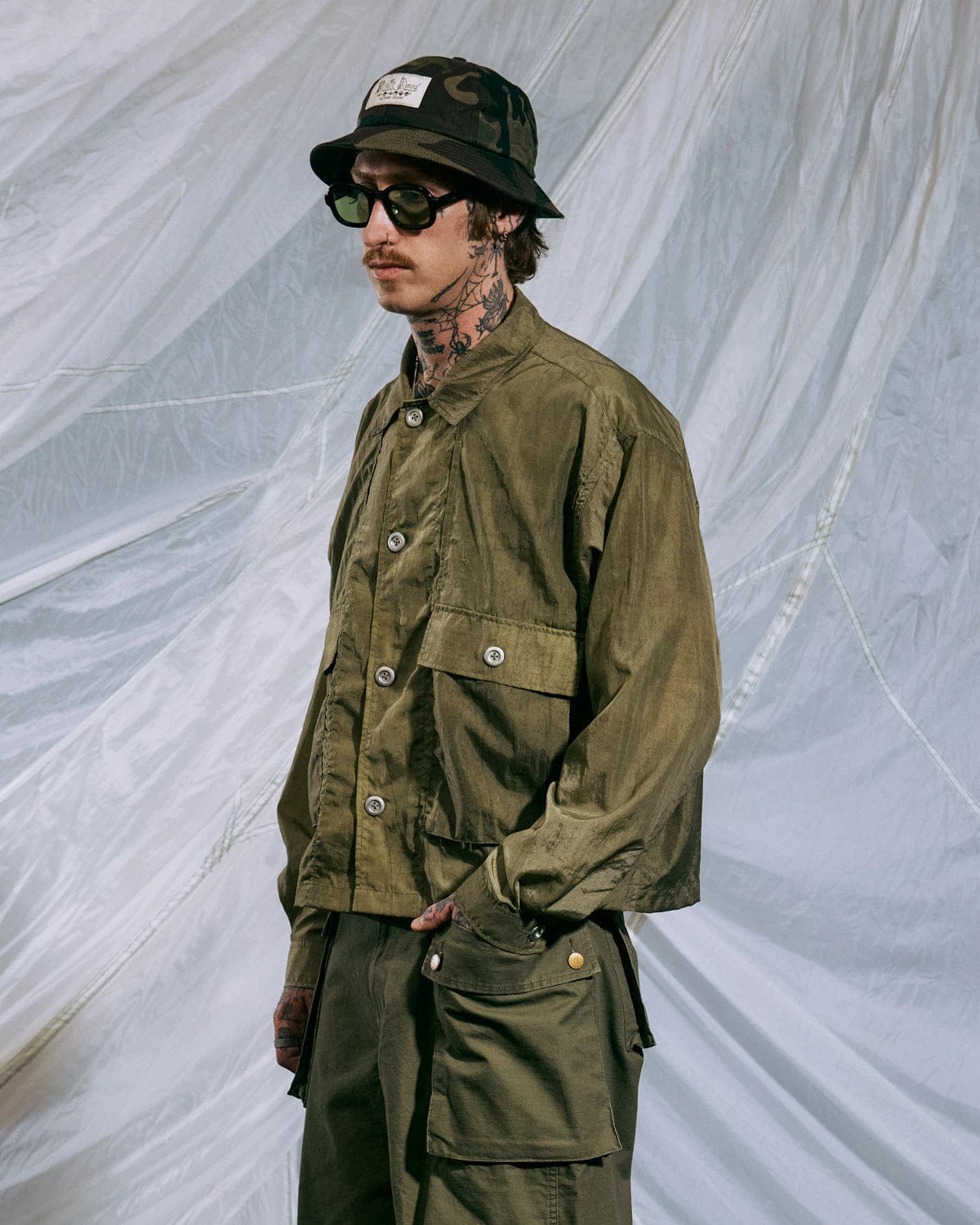 Brain Dead Cropped Nylon Button Up Shirt - Army