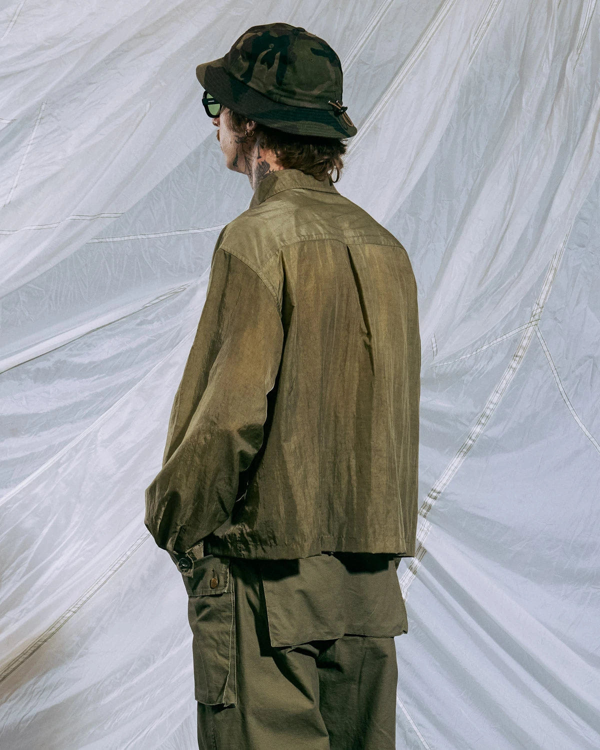 Brain Dead Cropped Nylon Button Up Shirt - Army