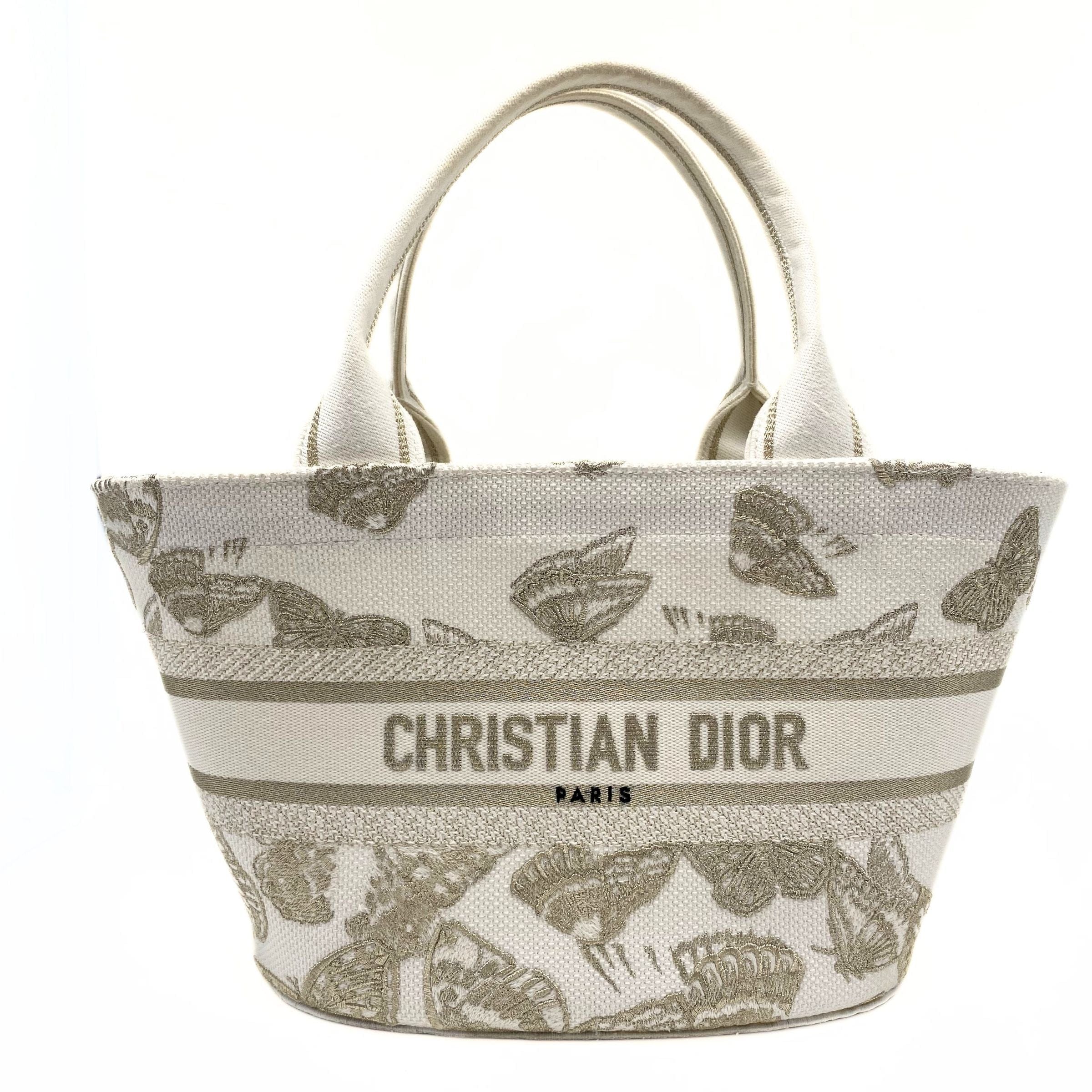 Dior Canvas Cannage Embroidered Brocart Hat Basket Bag White Gold