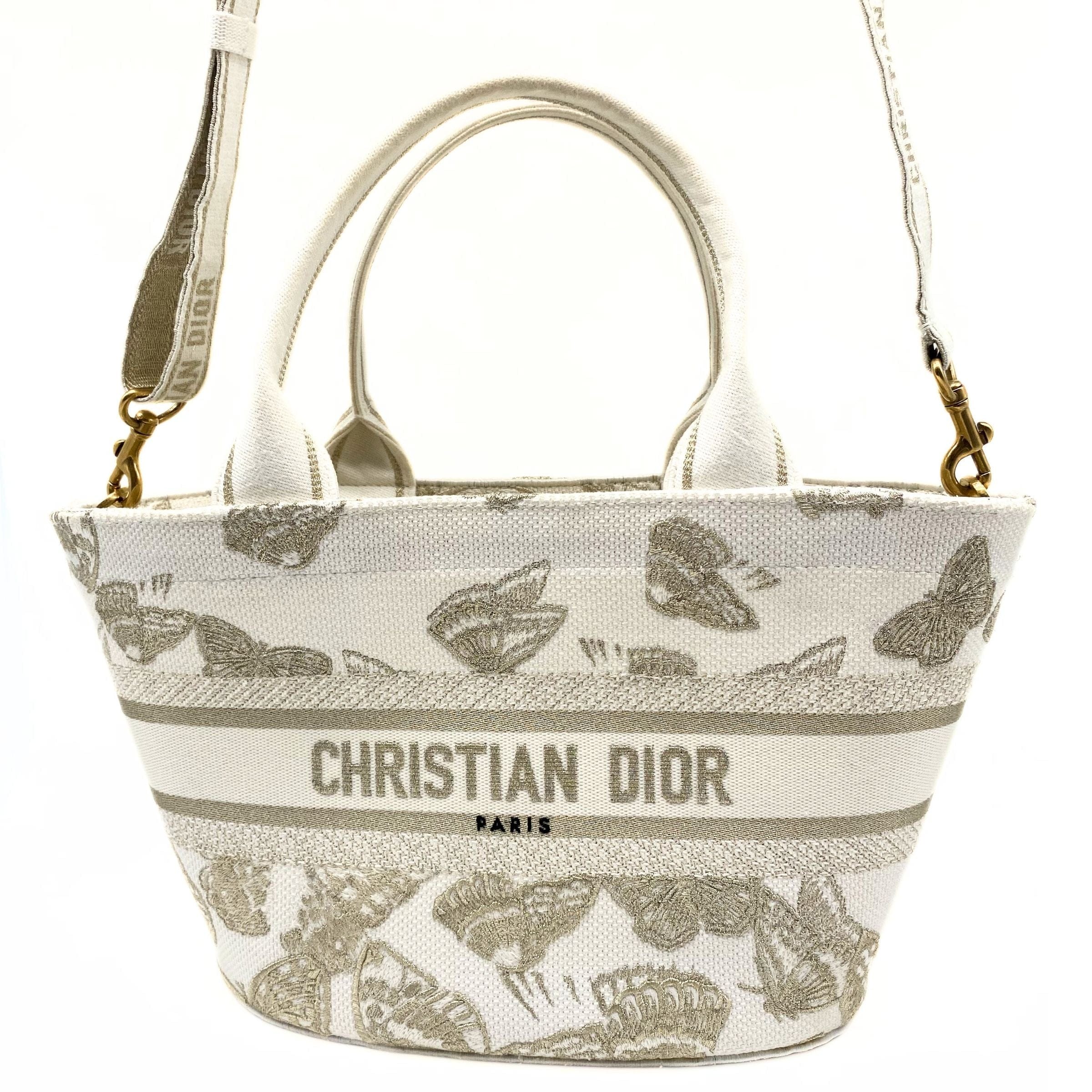 Dior Canvas Cannage Embroidered Brocart Hat Basket Bag White Gold