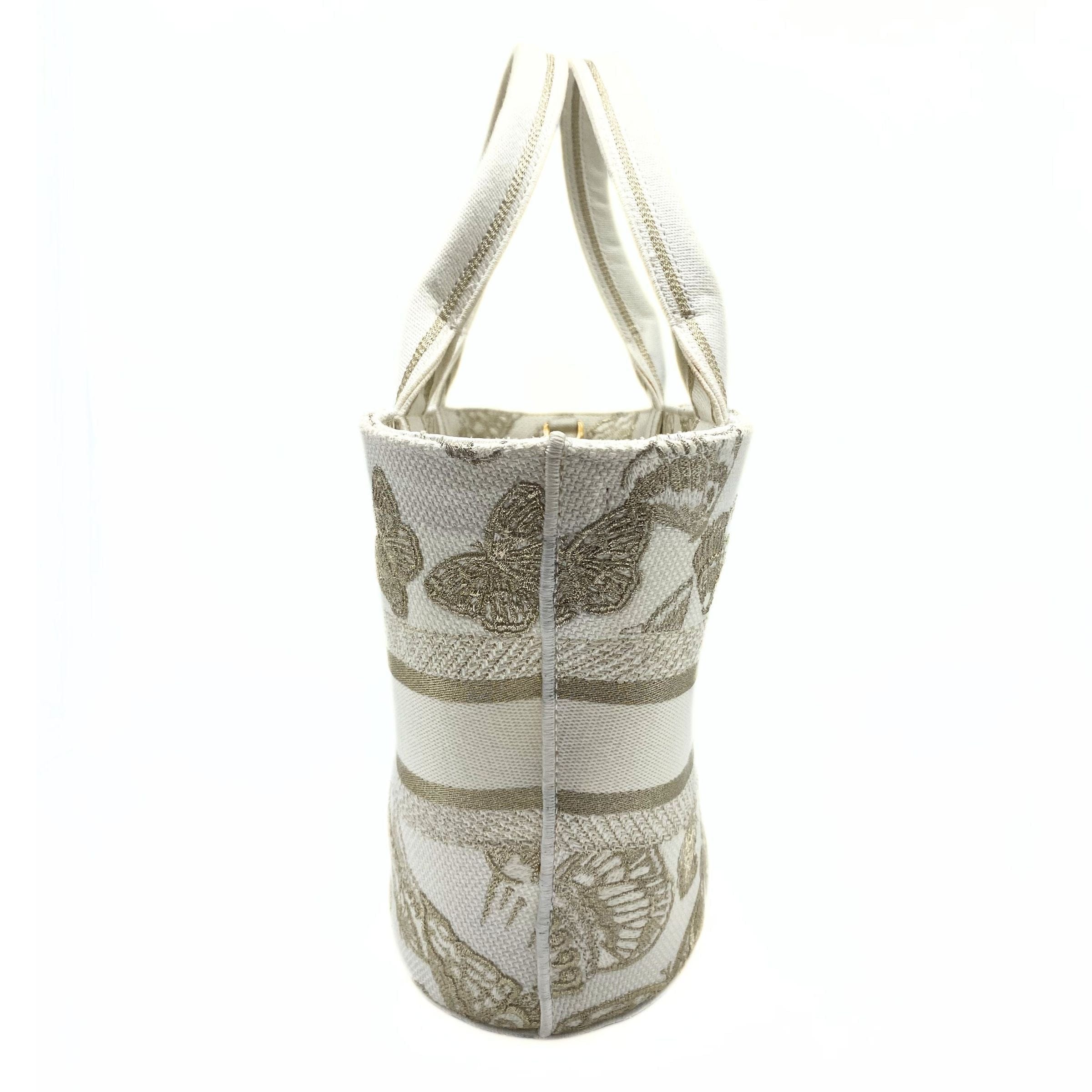 Dior Canvas Cannage Embroidered Brocart Hat Basket Bag White Gold