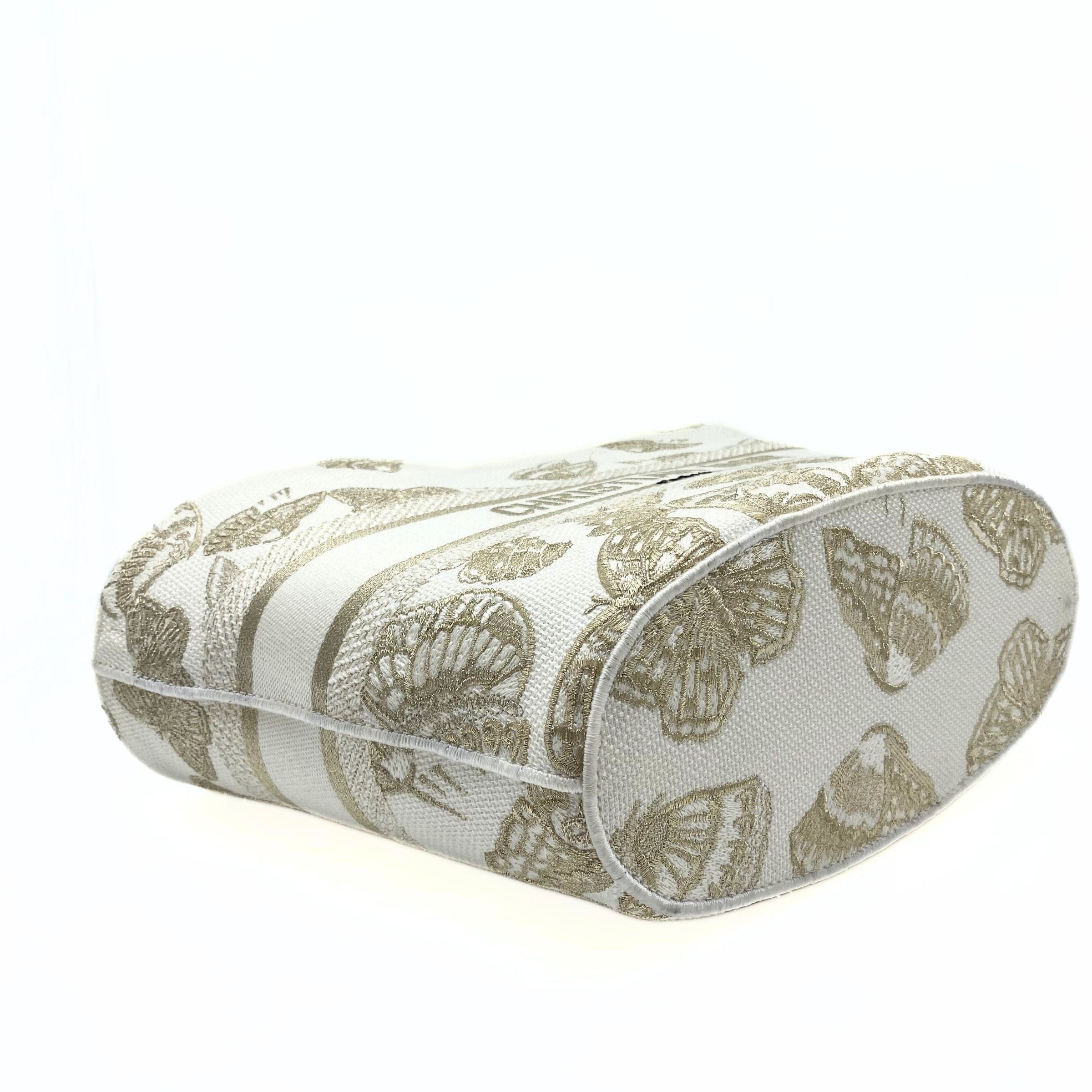 Dior Canvas Cannage Embroidered Brocart Hat Basket Bag White Gold