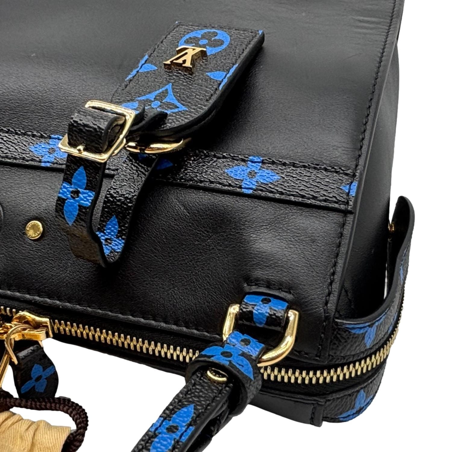 LOUIS VUITTON Speedy Amazon MM Leather Monogram Canvas Shoulder Bag Blue Noir