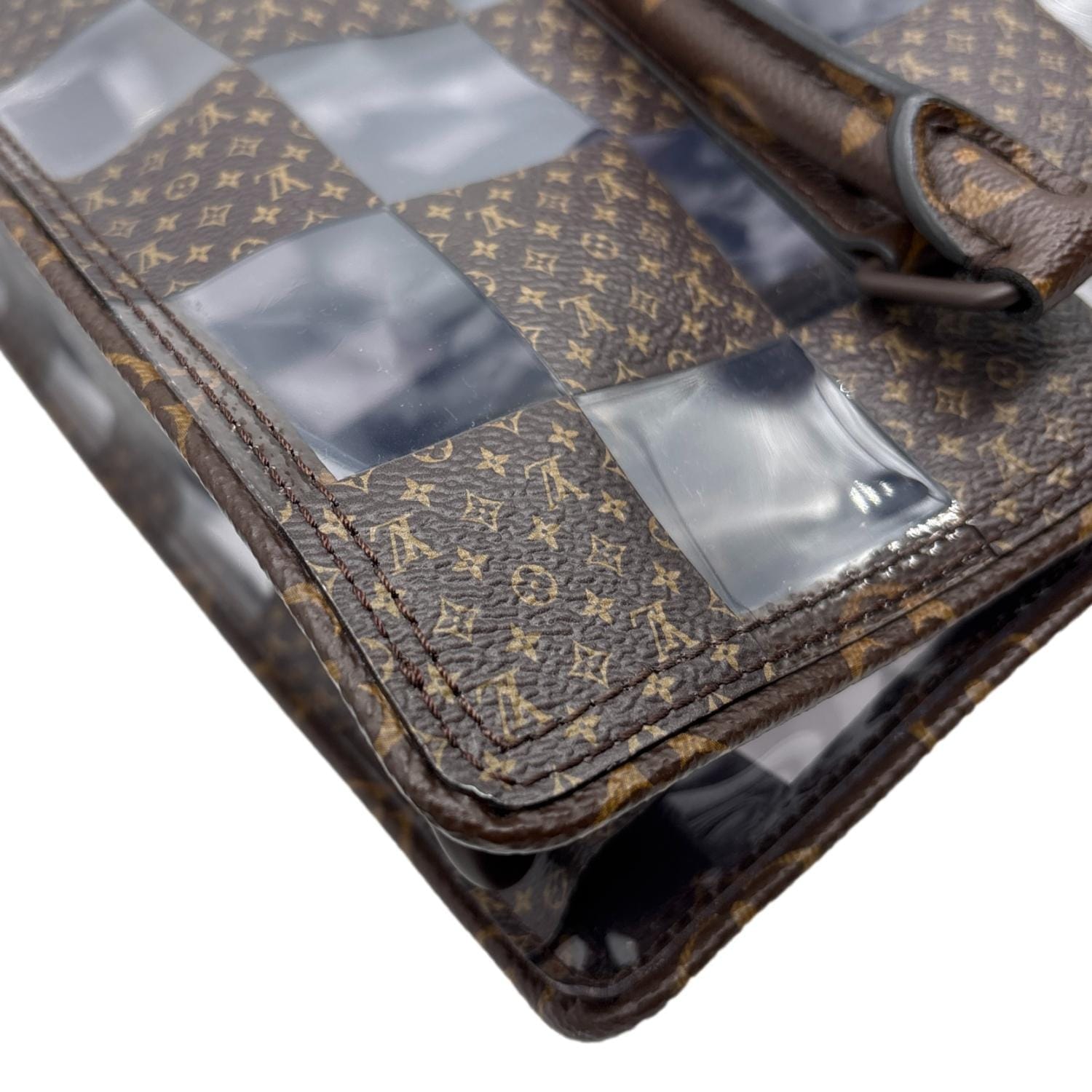 LOUIS VUITTON Sac Plat Chess PVC Monogram Coated Canvas Tote Shoulder Bag Brown