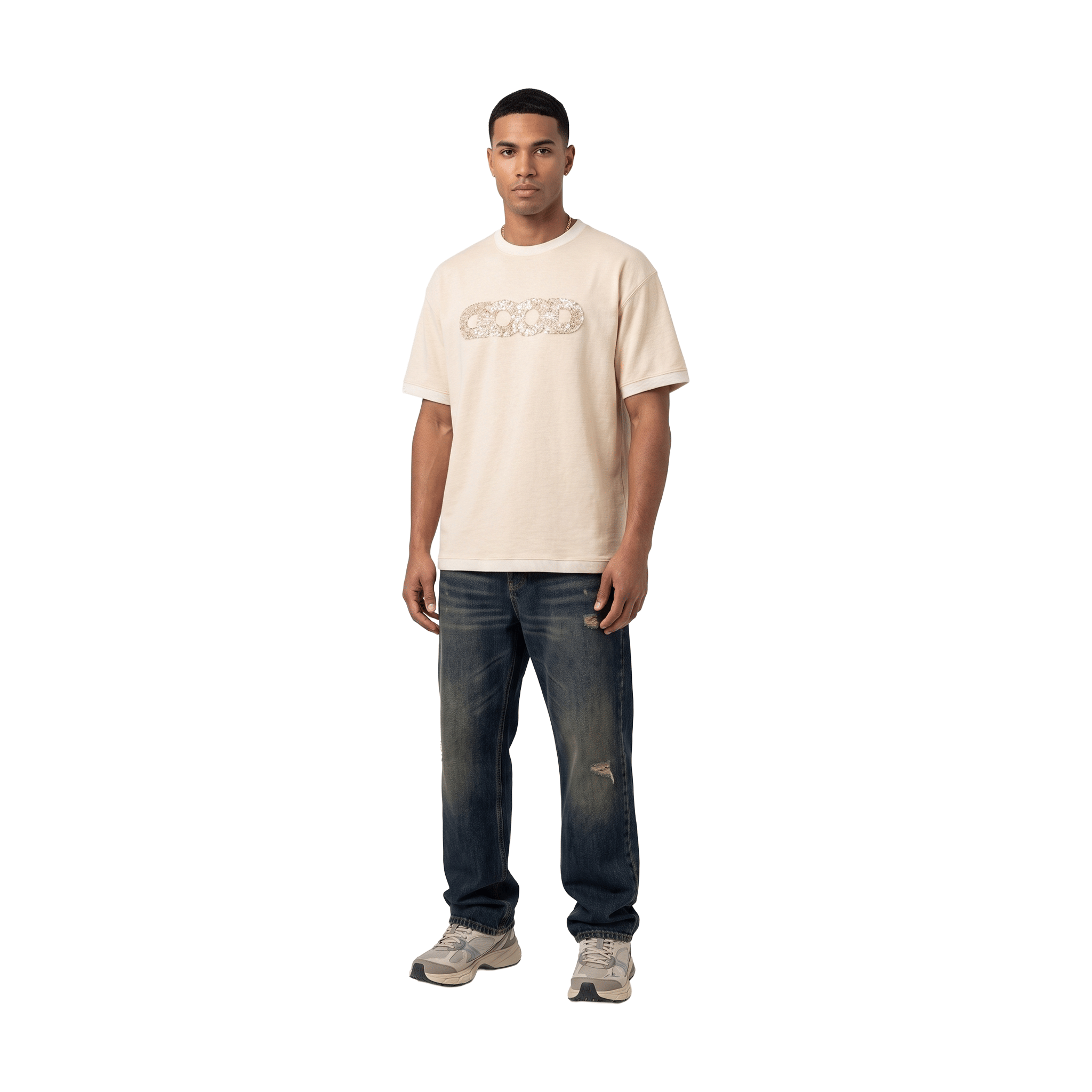 GOODBRAND Floral Yarn Sequin Globe Tee Beige (SS26)