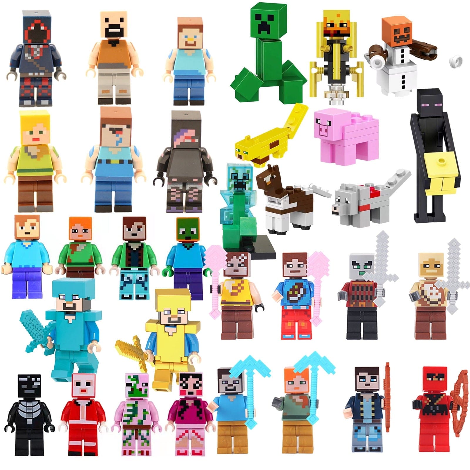 My Store 30PCS Minecraft Action Figures Set – 1.77" Mini Figure Playset with Steve, Creeper, Diamond, Wolf & Accessories