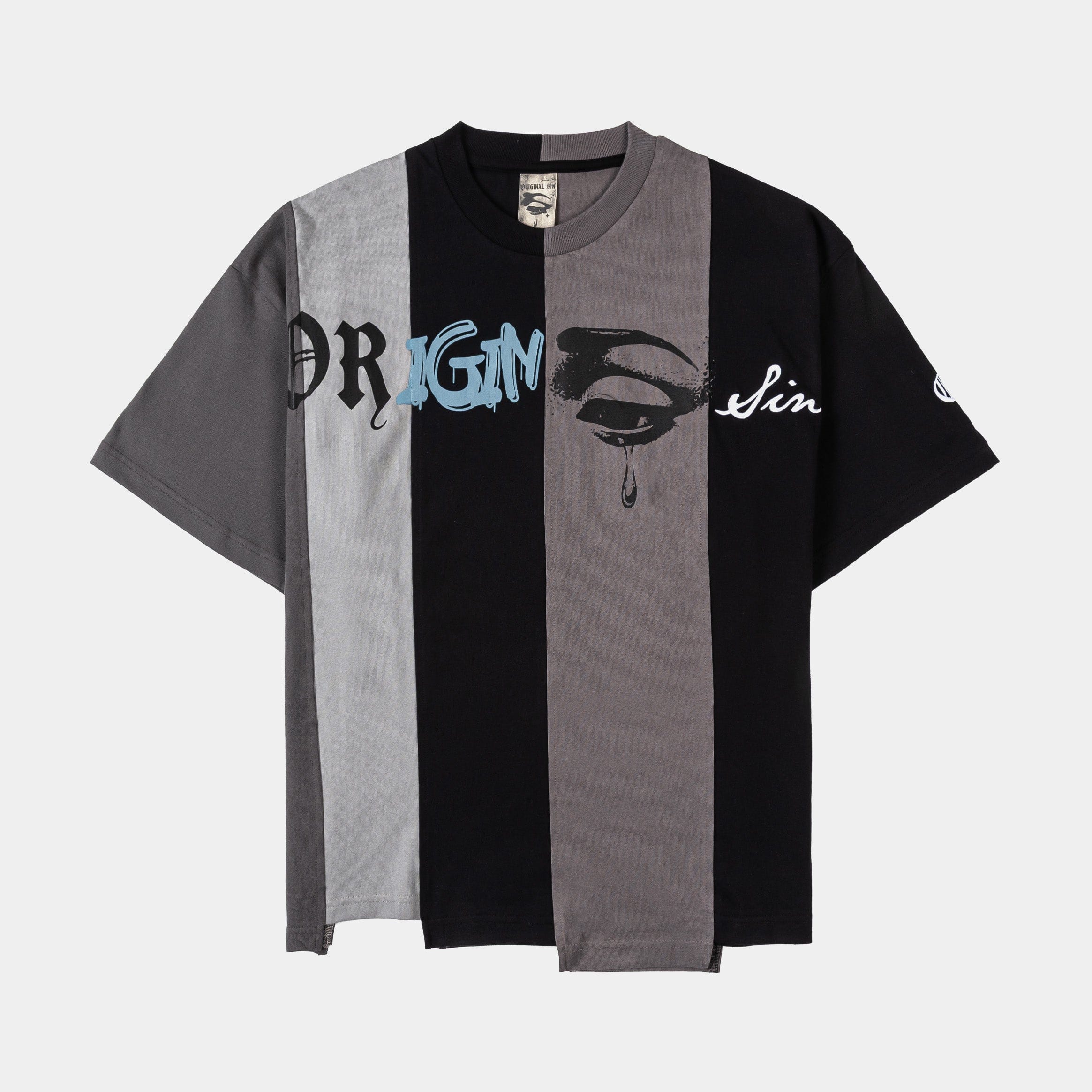 ORIGINAL SIN Patched Striped Mens Short Sleeve Shirt (Light Black/Grey)