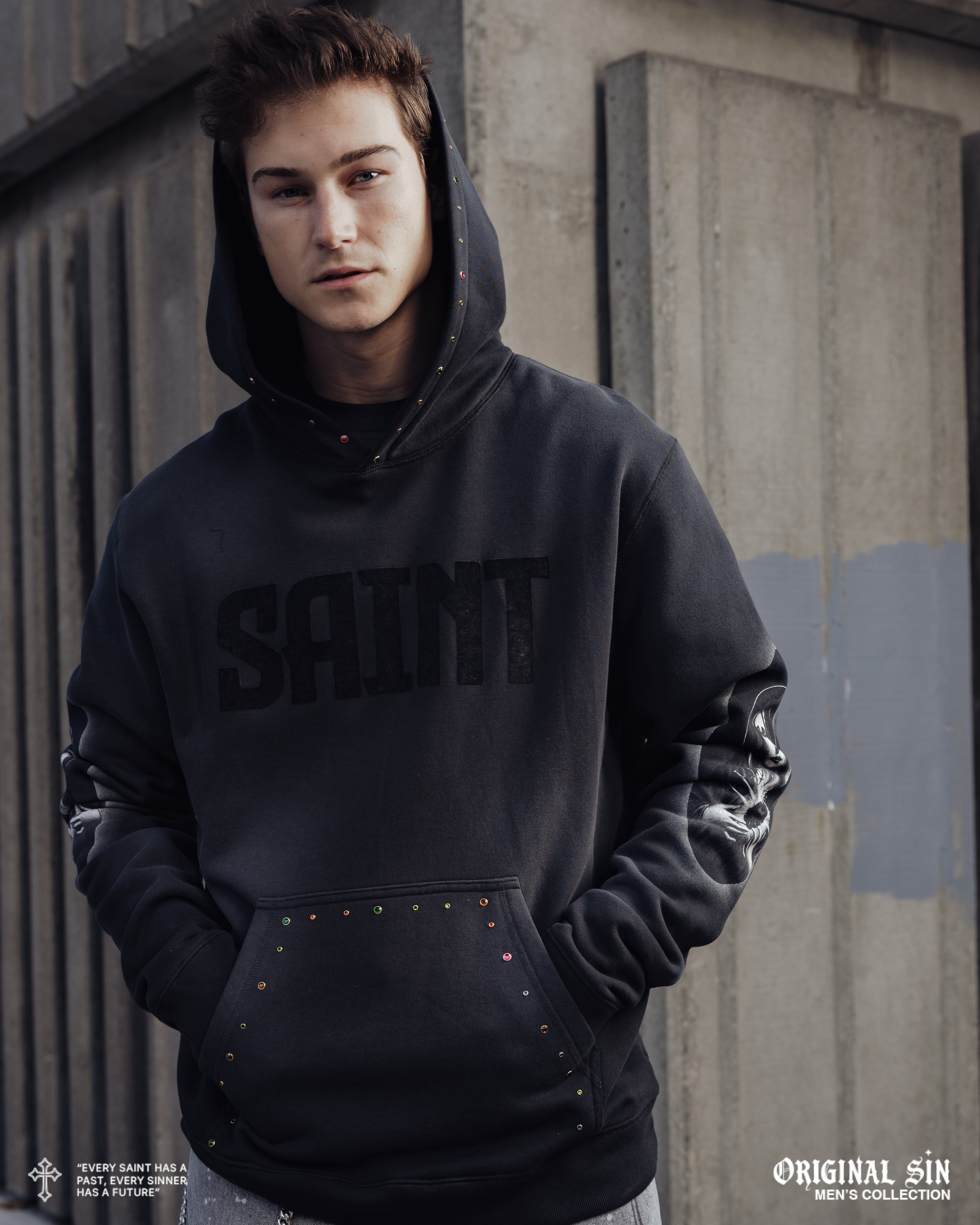 ORIGINAL SIN Saint Washed Pullover Mens Hoodie (Black/Grey)
