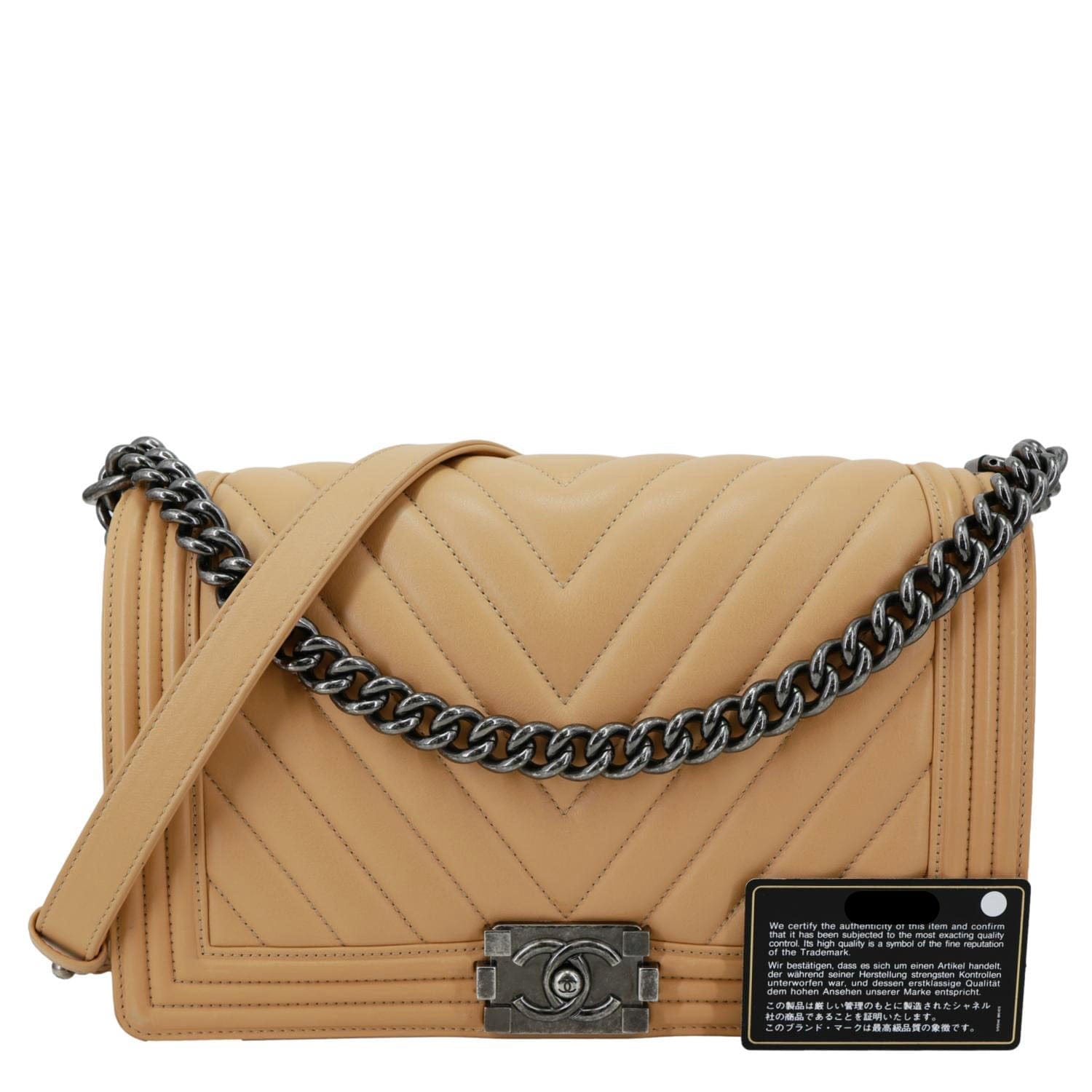 CHANEL Boy Flap Medium Chevron Calfskin Leather Chain Shoulder Bag Beige