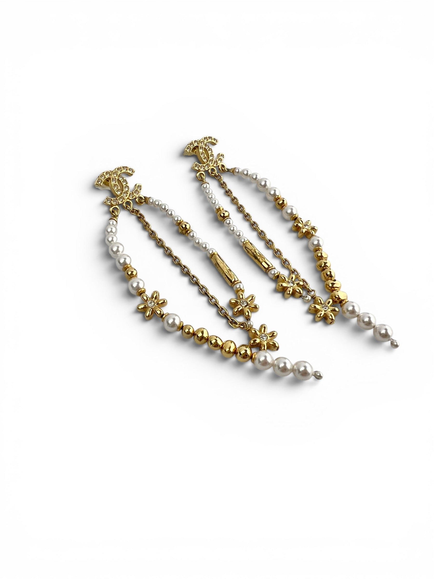 Chanel Gold Pearl Beaded Drop Earrings