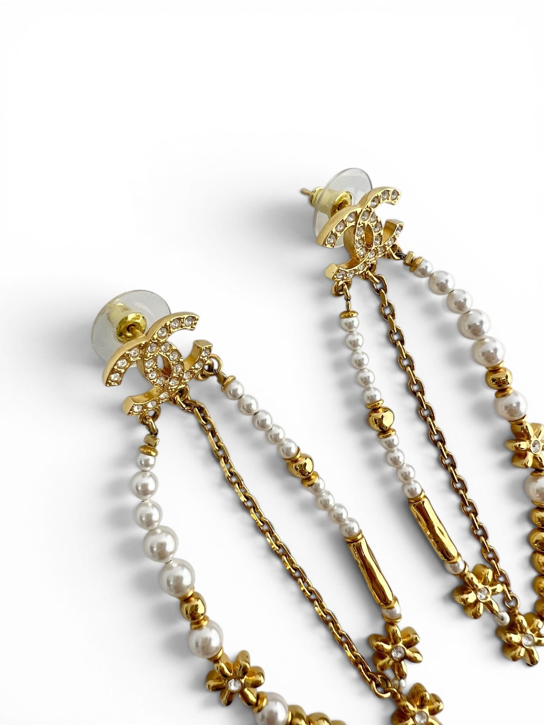 Chanel Gold Pearl Beaded Drop Earrings